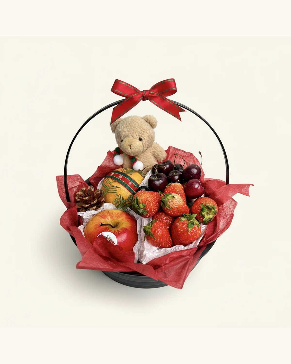 Christmas Bear Fruit Gift Basket — Strawberries, Cherries, Sweet Orange, Red Apple, Christmas Teddy Bear Plush, Pine Cone, Red Ribbon, Black Round Basket with Handle, Red Tissue Paper