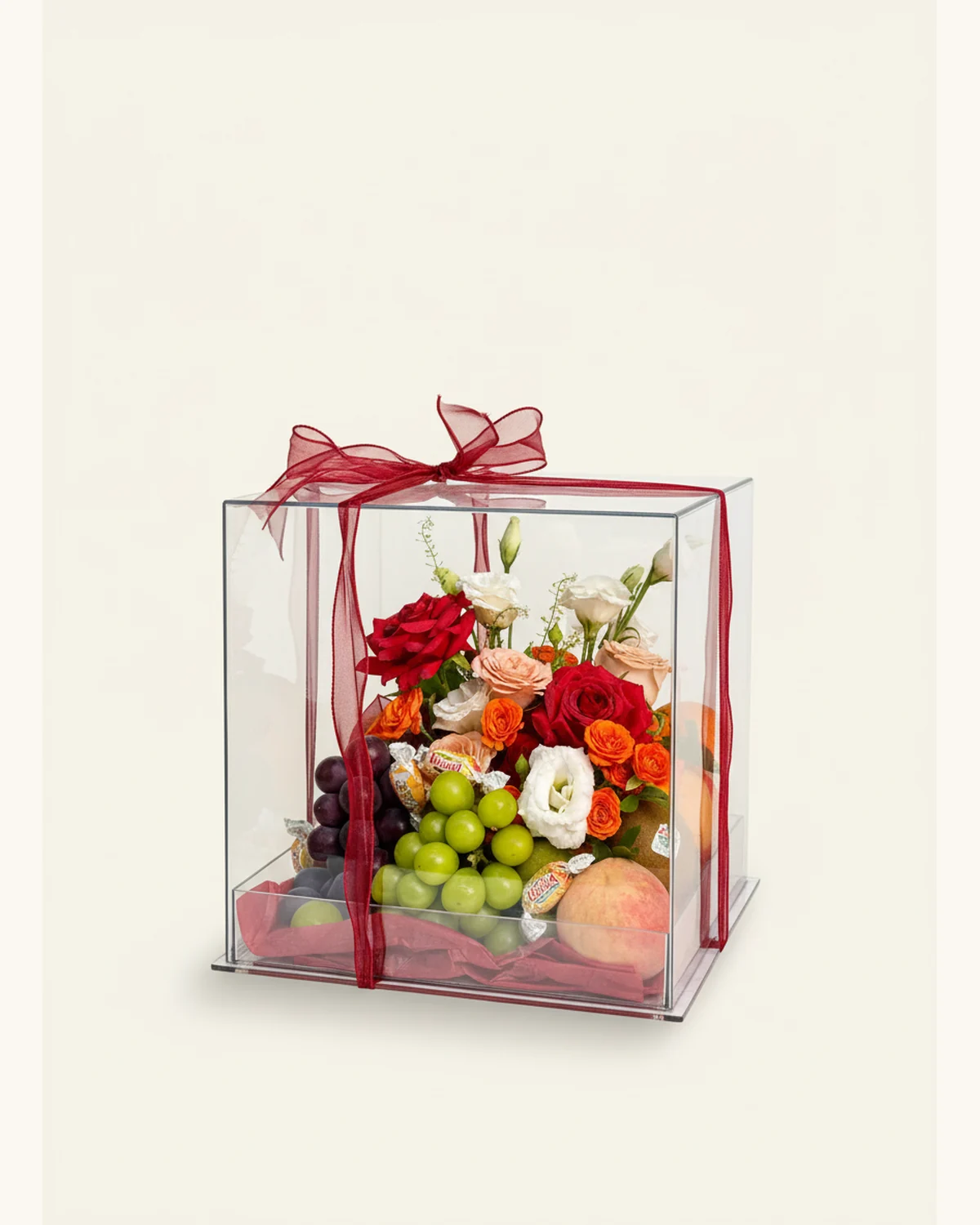 Christmas Floral & Fruit Acrylic Gift Box — Red Roses, Cappuccino Roses, Spray Roses, White Eustoma, Shine Muscat Grapes, Kyoho Grapes, Peach, Kiwi Fruit, Candies, Red Ribbon, Clear Acrylic Box