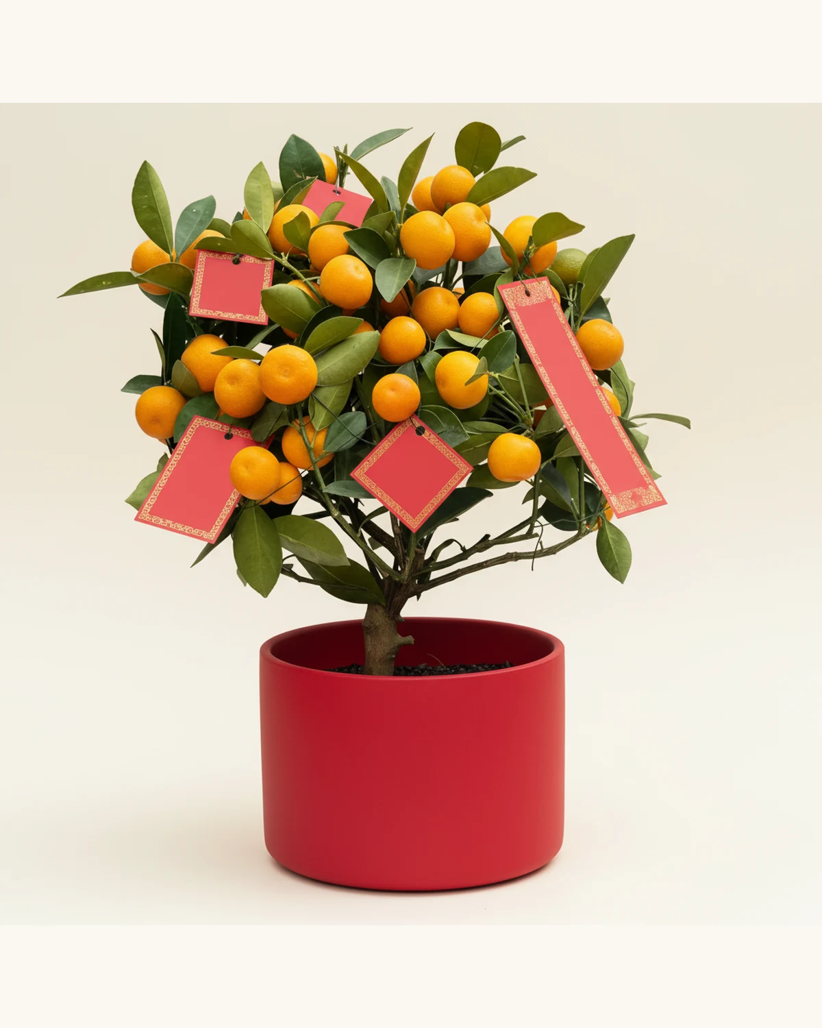 CNY Auspicious Kumquat Potted Tree (35cm) — Kumquat Tree, Red Ceramic Pot, Lunar New Year Hanging Decorations
