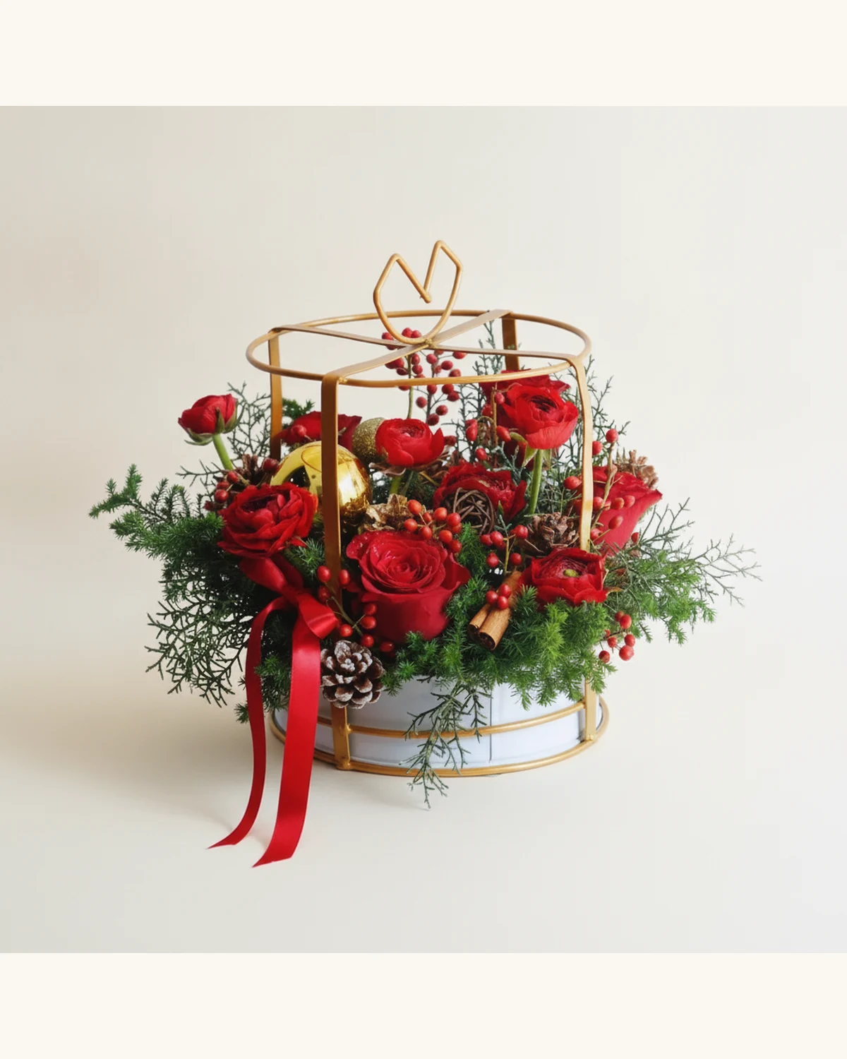 Christmas Red Rose and Ranunculus Metal Gift Basket — Red Rose, Ranunculus, Conifer Foliage, Ilex Berries, Pine Cone, Cinnamon Stick, Christmas Bauble, Gold Metal Frame Basket, Ribbon