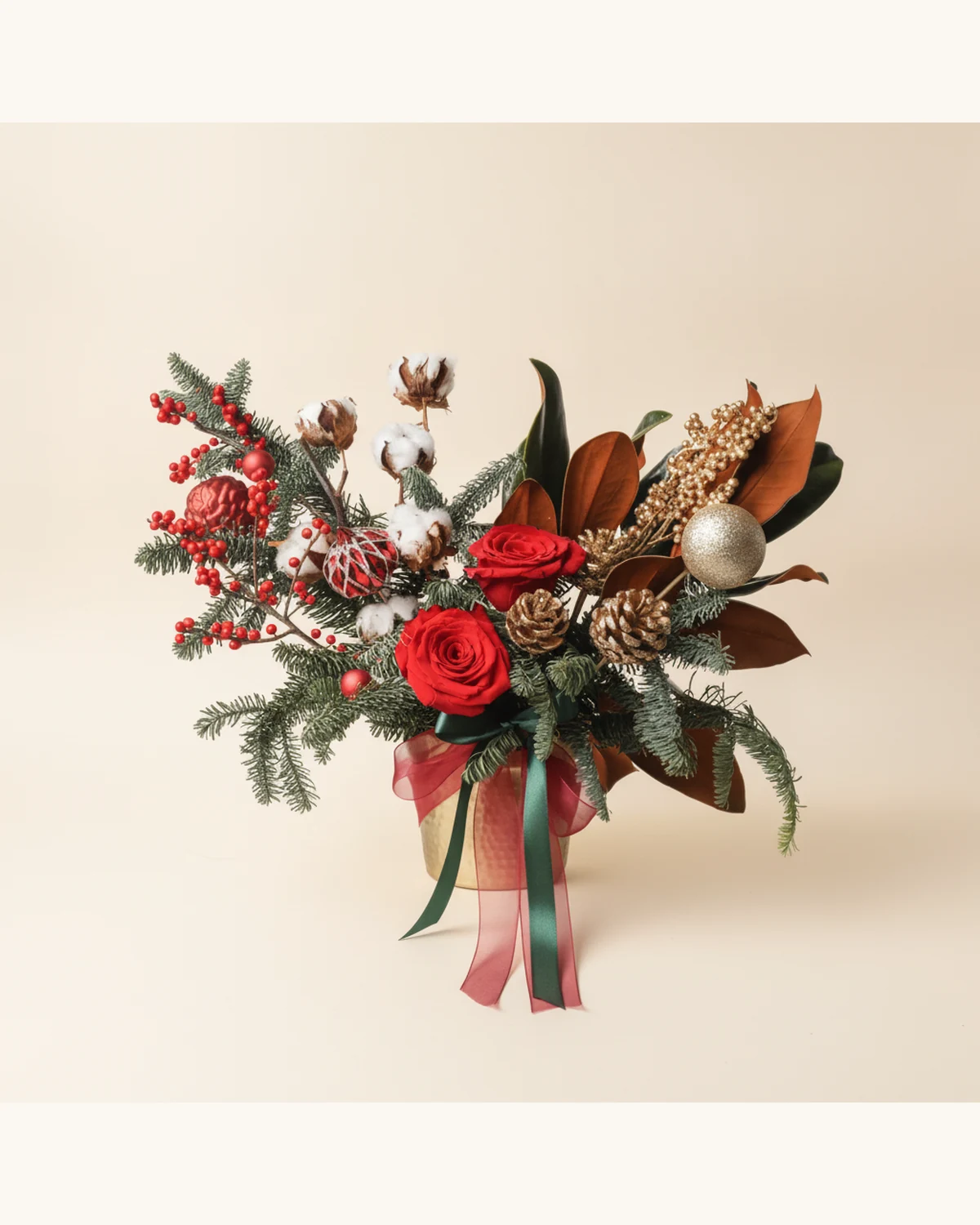 Red Rose and Cotton Christmas Table Arrangement — Red Rose, Cotton Flower, Pine Branch, Pine Cone, Holly, Christmas Bauble, Metallic Vase, Ribbon