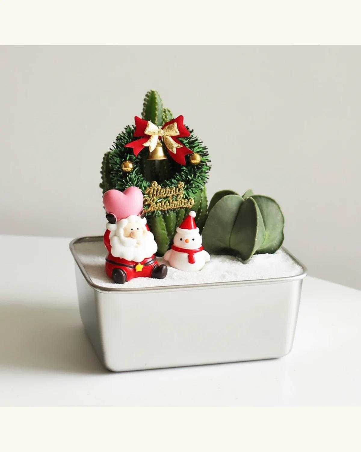 Christmas Cactus Potted Arrangement — Cactus, Santa Claus figurine, Snowman figurine, Mini Christmas wreath, Metal pot, White decorative sand