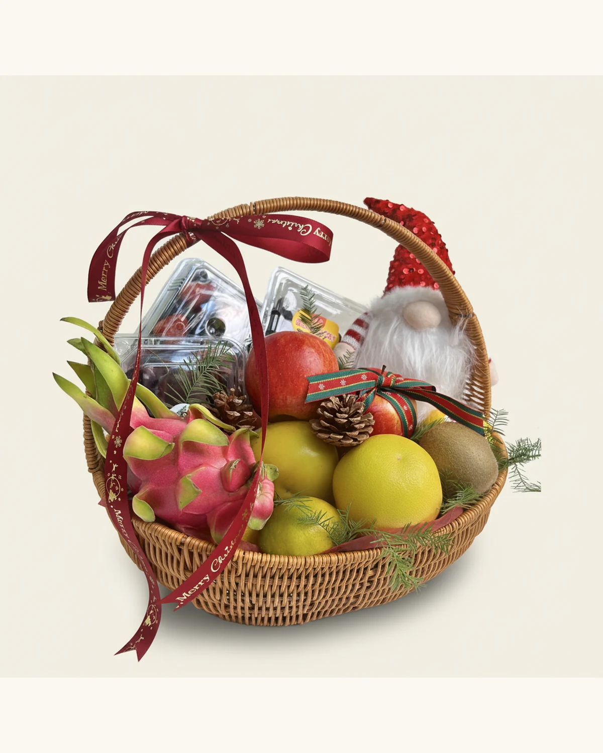 Christmas Fruit Gift Basket with Nordic Gnome Plush — Wicker basket, Nordic gnome plush, Dragon fruit, Apple, Orange, Kiwi fruit, Boxed strawberries, Boxed blueberries, Pine cones, Christmas ribbon