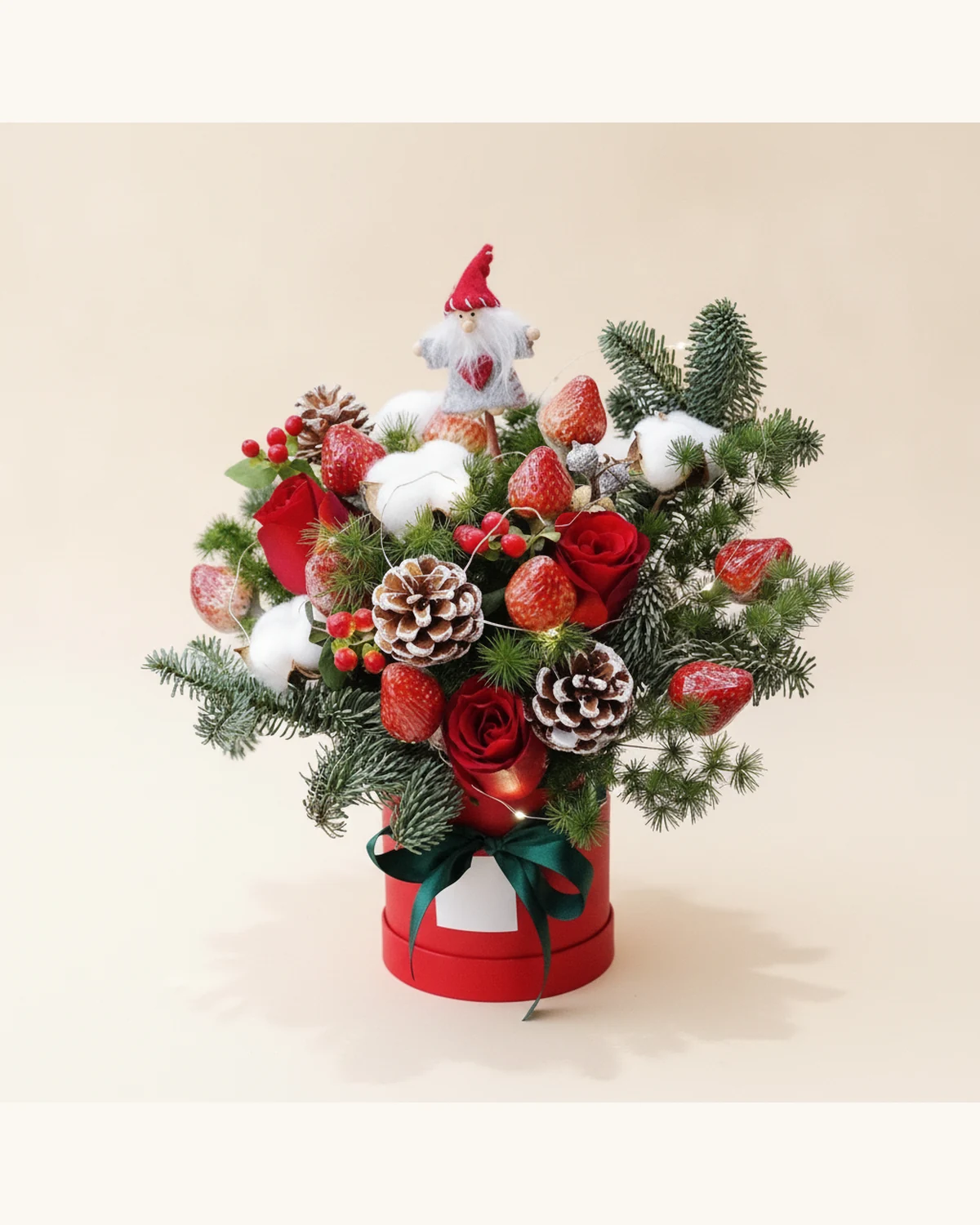 Christmas Strawberry and Red Rose Gift Box — Strawberry, Red Rose, Cotton Flower, Pine Cone, Pine Leaves, Holly Berries, Santa Claus Ornament, LED String Lights, Red Round Gift Box, Dark Green Ribbon