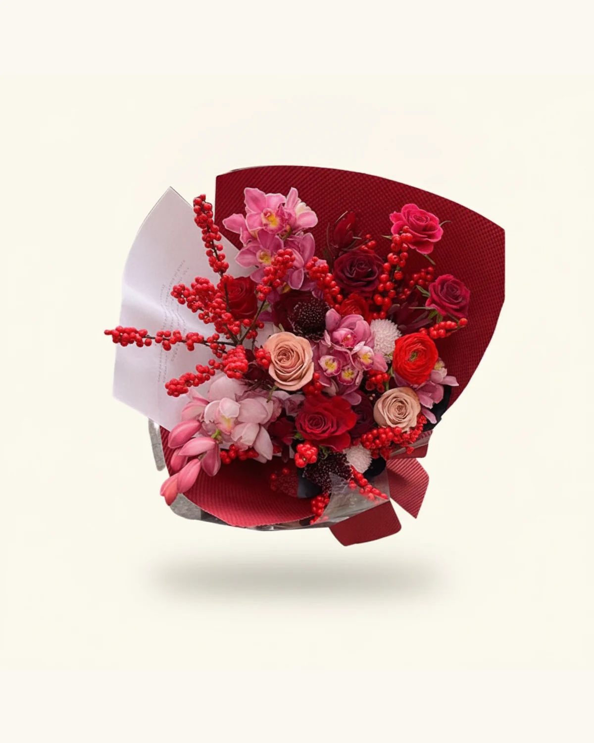 新春紅玫瑰蘭花年花花束 — 紅玫瑰、粉色玫瑰、紅豆、蘭花、小菊、紅掌、紅色壓紋包裝紙、白色裝飾紙