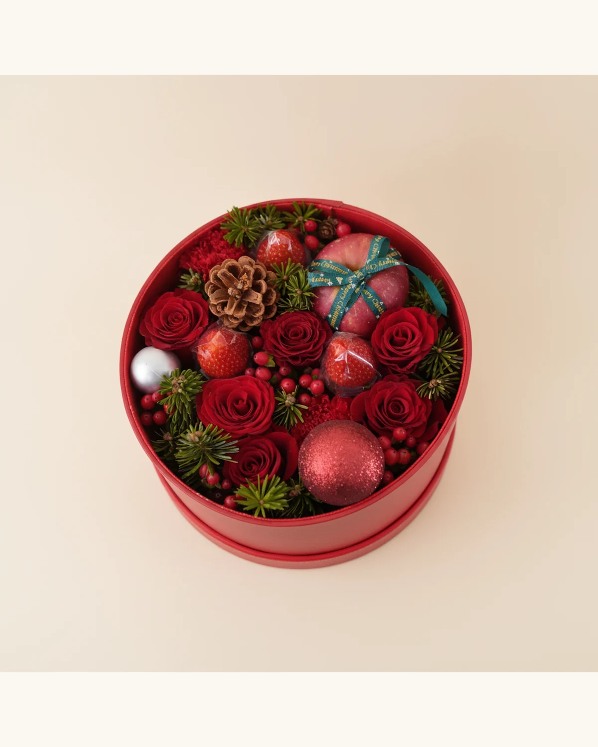 Christmas Red Rose, Apple & Strawberry Gift Flower Box — Red Roses, Apple, Strawberries, Pine Cone, Pine Needles, Holly Berries, Christmas Baubles, Red Round Gift Box