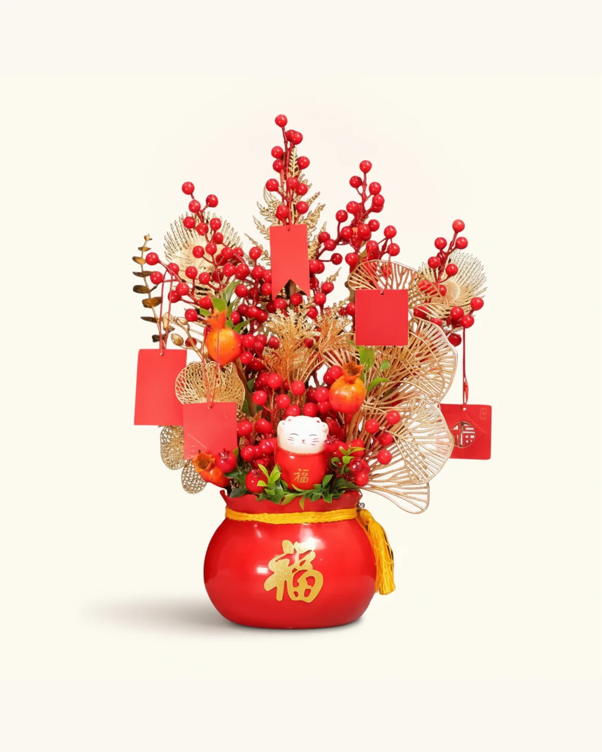新春招財貓福袋仿真花桶 — 仿真紅漿果、仿真金葉、仿真石榴、招財貓裝飾、紅色福字陶瓷盆、賀卡掛件