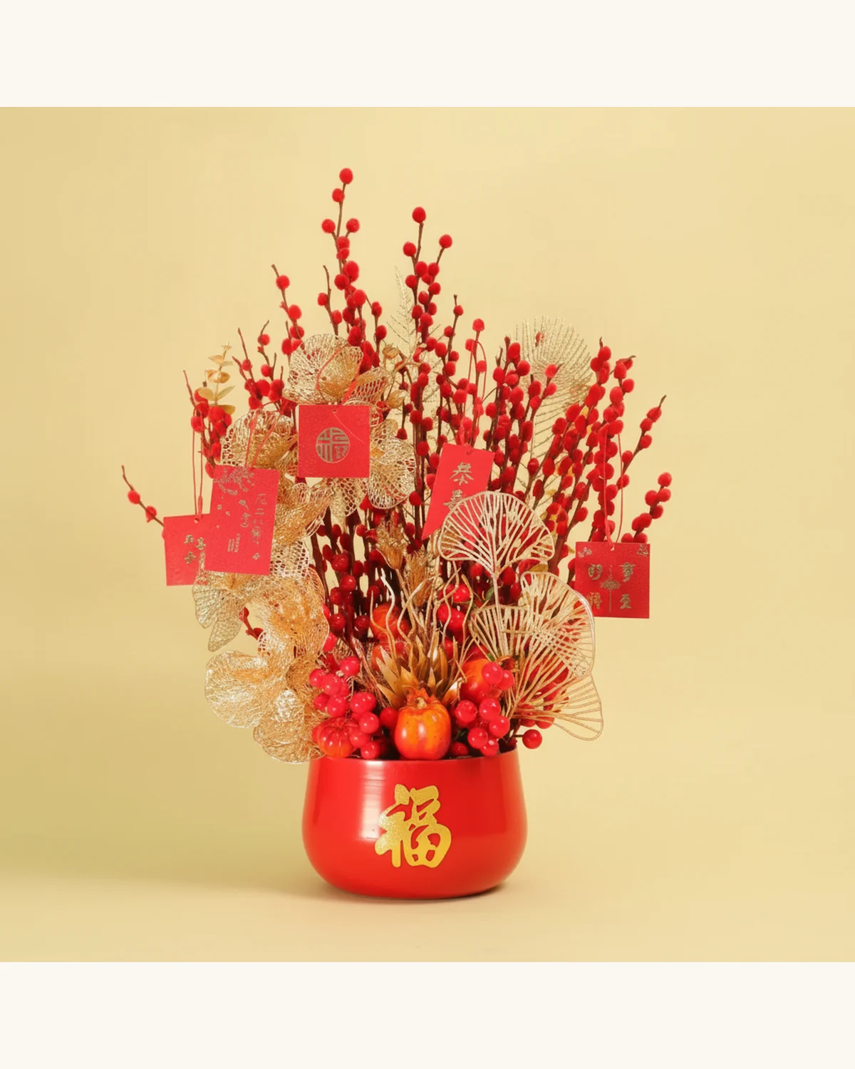 新年福字紅色抱抱桶 — 仿真銀柳、金色銀杏葉、仿真紅漿果、紅色賀卡、紅色陶瓷盆