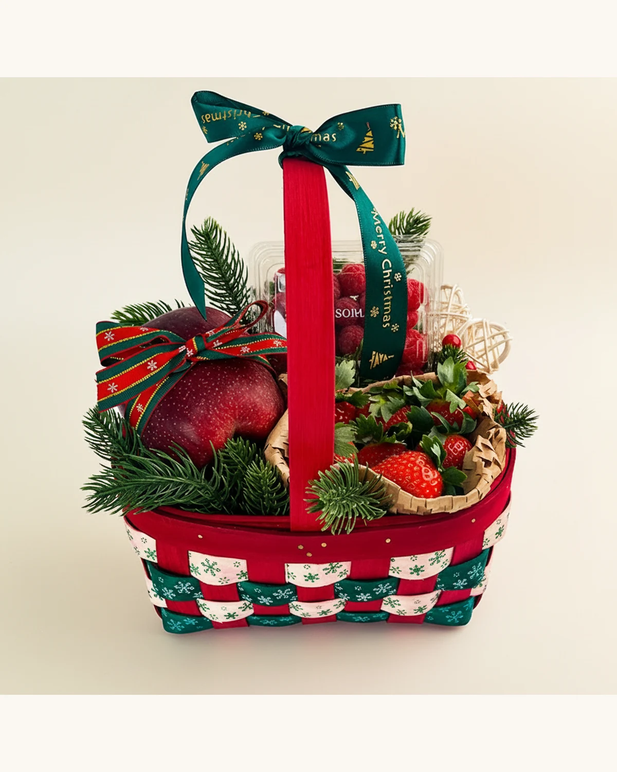 Christmas Red Apple and Strawberry Fruit Basket — Red Apple, Strawberries, Raspberries, Noble Fir, Christmas Decorations, Red Woven Basket
