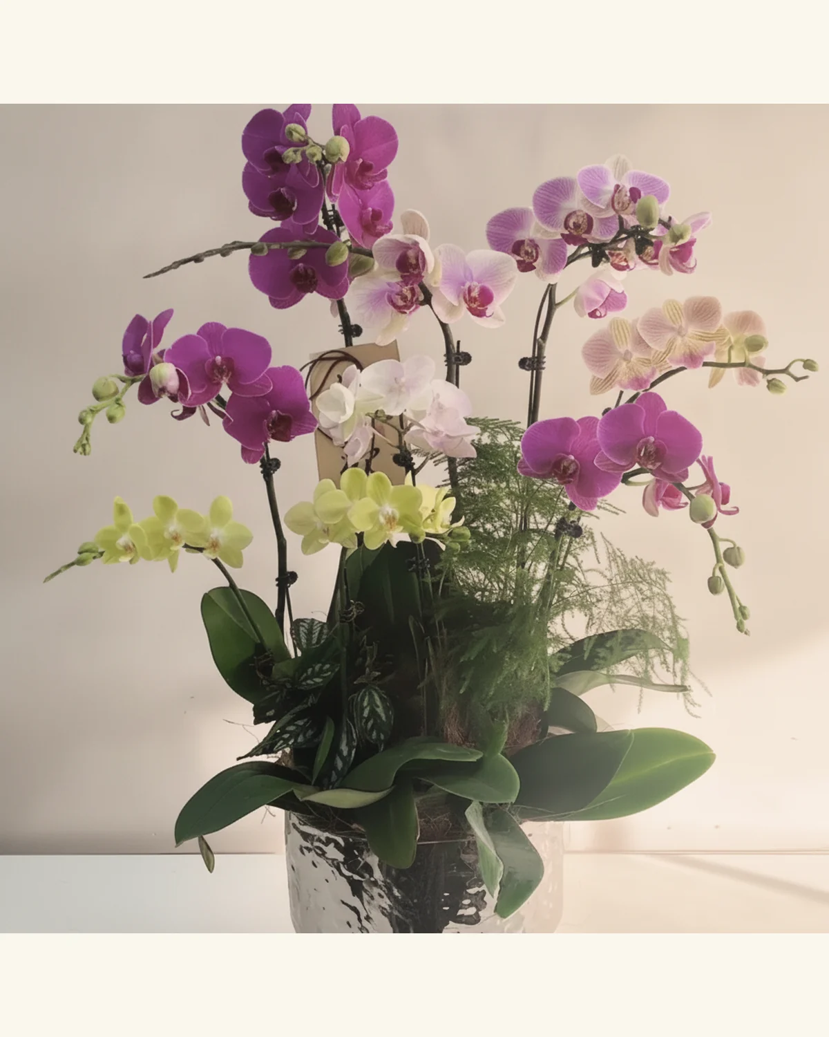 繽紛蝴蝶蘭盆栽花藝 — 多色蝴蝶蘭、綠葉襯材（圖片款式參考；實際配置請查詢確認）