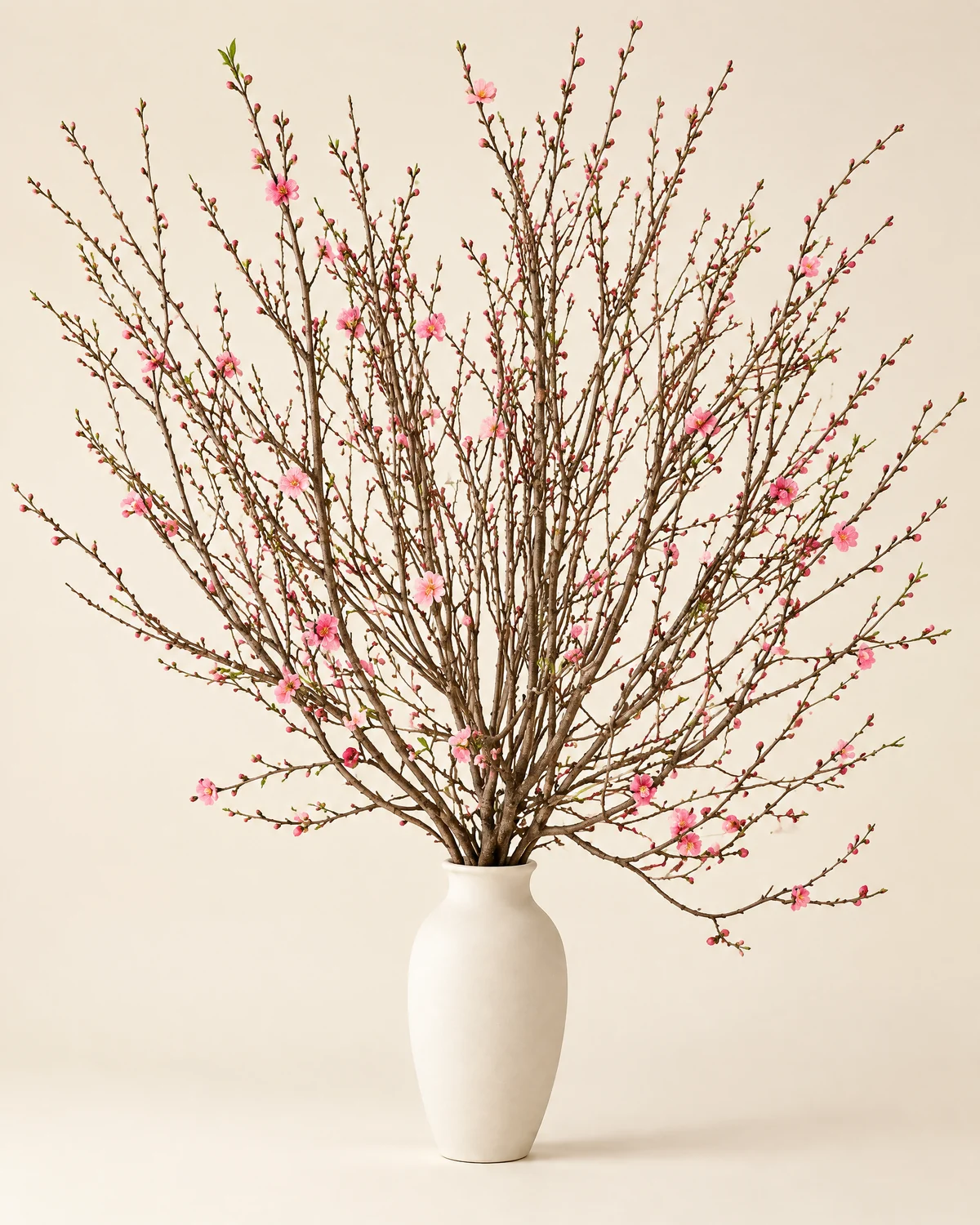 Fan-Shaped New Year Peach Blossom Branches — Fan-shaped peach blossom branches, priced by selected height, Vase shown is styling only and not included; decorations and installation require separate quotation