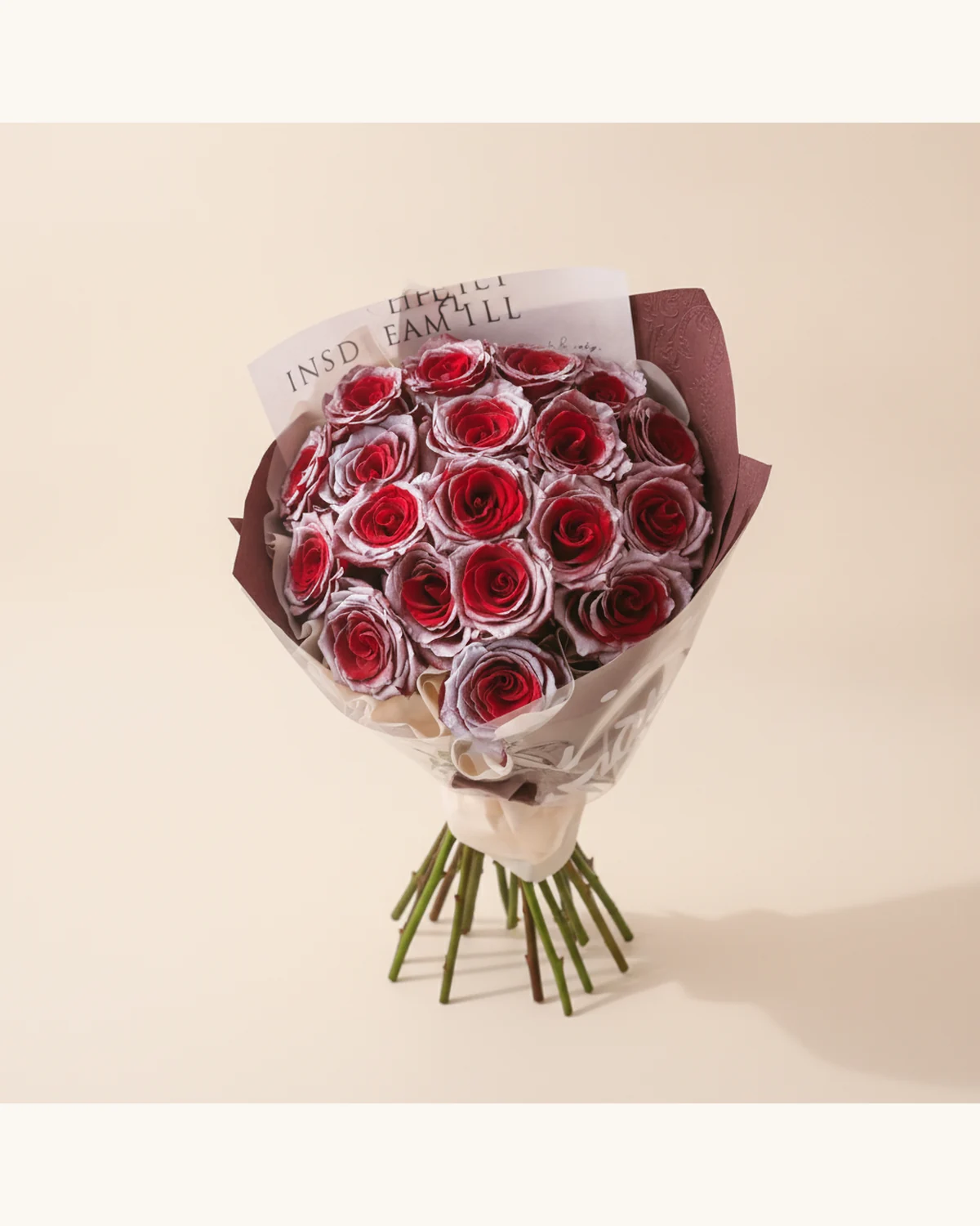 Silver-Tipped Red Rose Christmas Bouquet — Silver-sprayed red roses, Wrapping paper