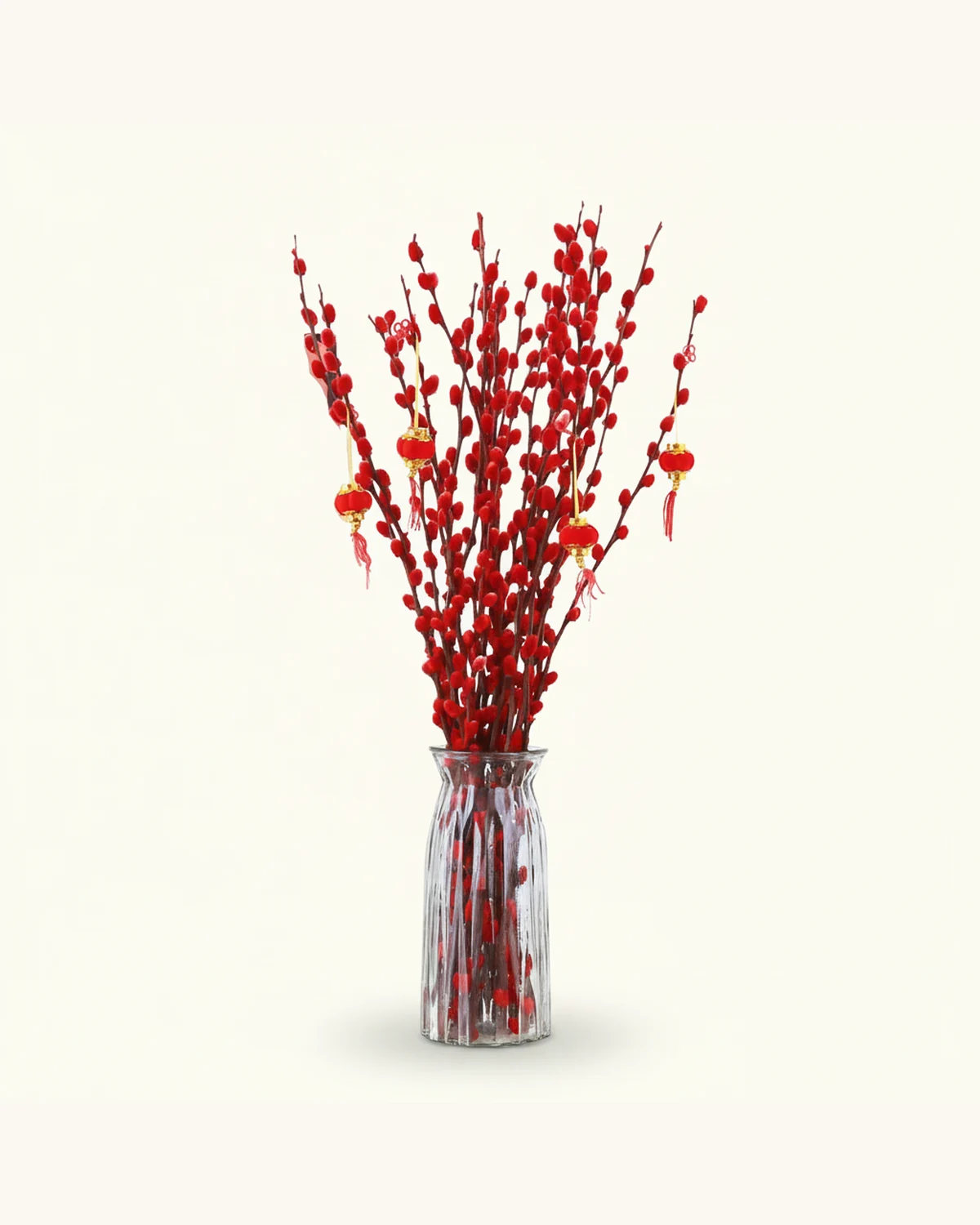 新年紅銀柳玻璃瓶花藝 (40-50cm) — 紅銀柳、新年小燈籠裝飾、透明條紋玻璃花瓶