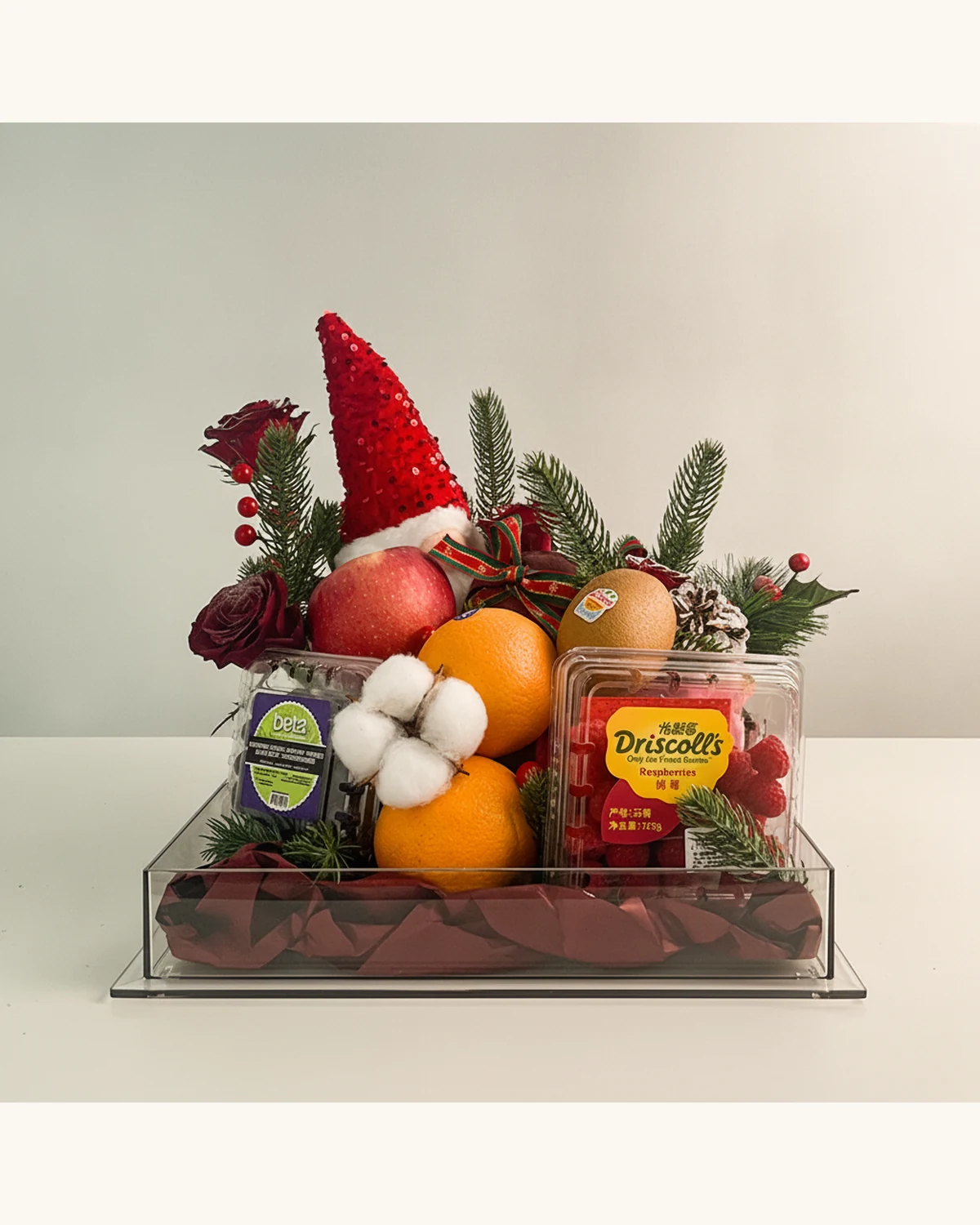 Santa Claus Themed Acrylic Fruit Gift Box — Red Apple, Kiwi Fruit, Sweet Orange, Raspberries, Blueberries, Red Roses, Nobilis Fir, Cotton Flower, Santa Claus Doll, Acrylic Gift Box