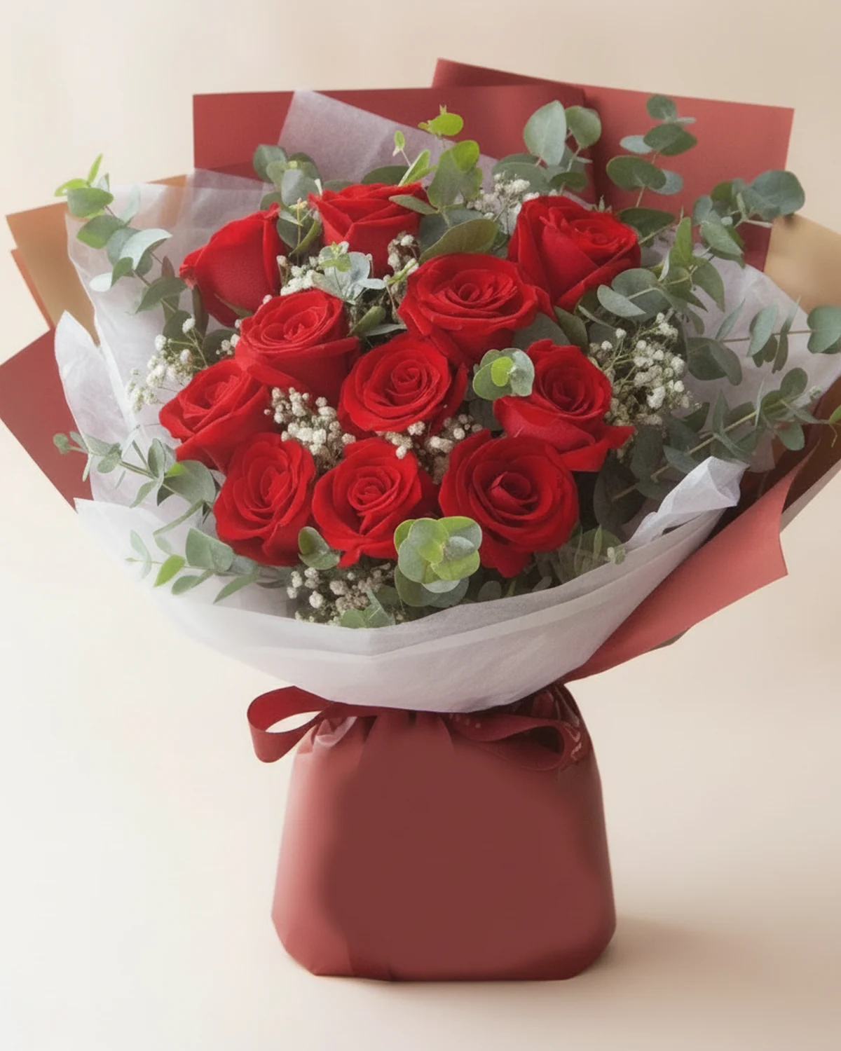 My Only — 11 Roses Bouquet — Carolla red roses, 11 stems, White gypsophila (baby's breath), 3 stems, Eucalyptus, 10 stems