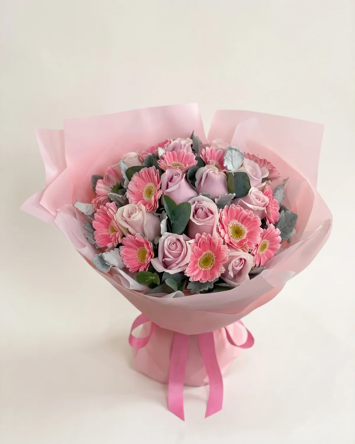 Blush Appleleaf Bouquet — Pink roses, Apple leaves, Gerbera daisies