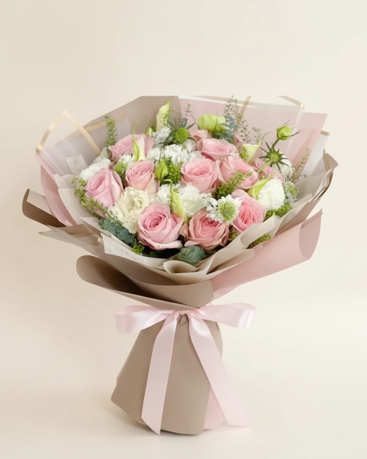 Blush Serenade Bouquet — Pink roses, Carnations, Eucalyptus leaves