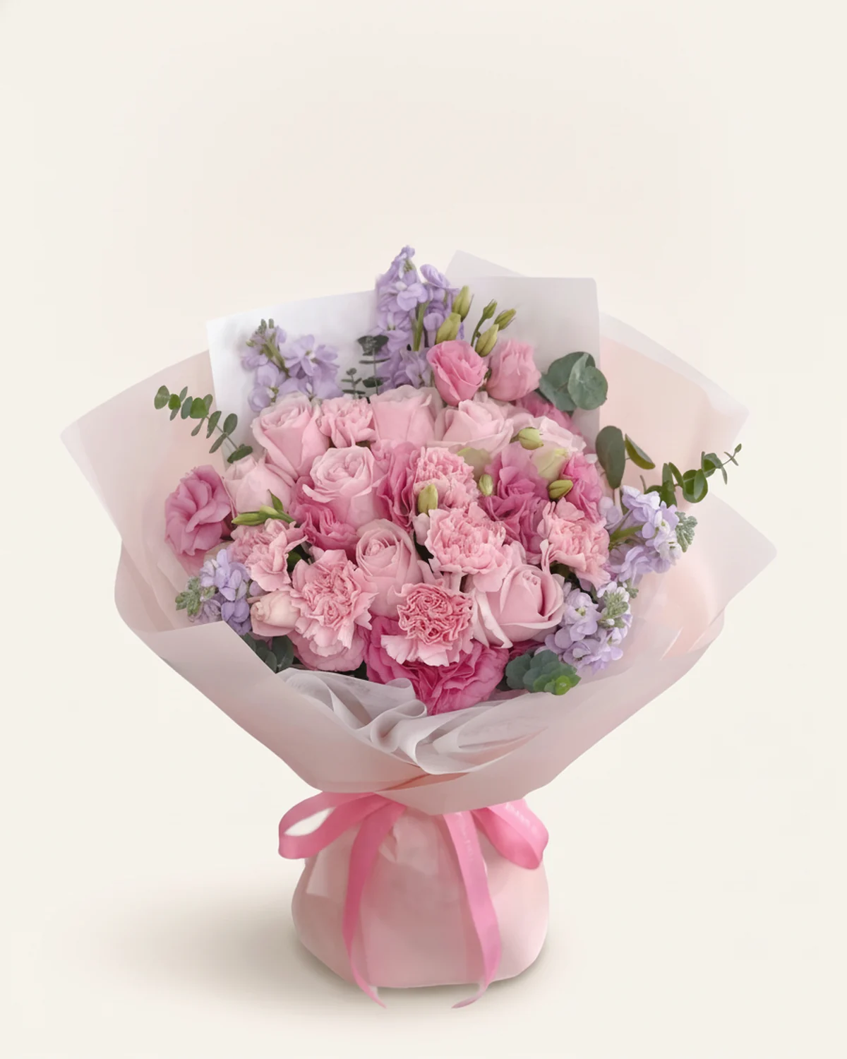 Tender Bloom Reverie — Pink roses, Carnations, Stock flowers, Eucalyptus leaves