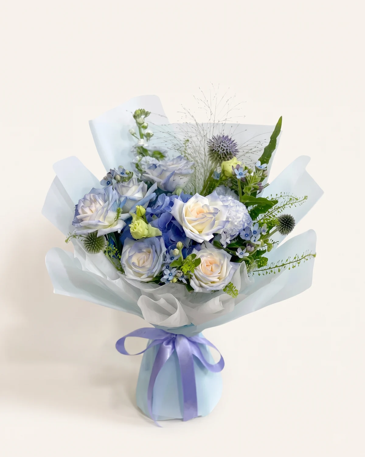 Starlit Blue Sonata — Ice-blue roses, Lisianthus, Hydrangea