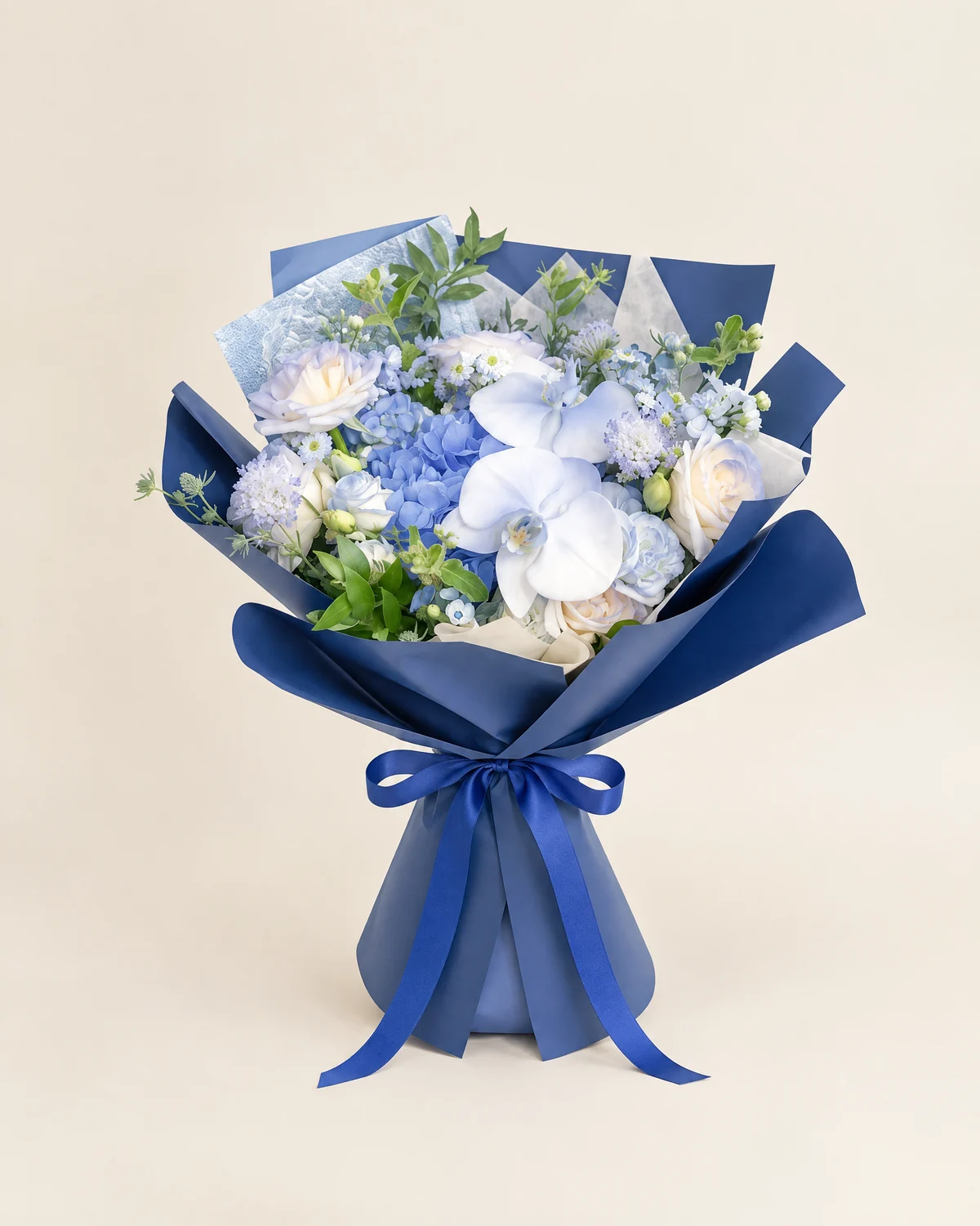 Blue Memory Bouquet — Ice-blue roses, Blue star flower, Hydrangea, Orchids