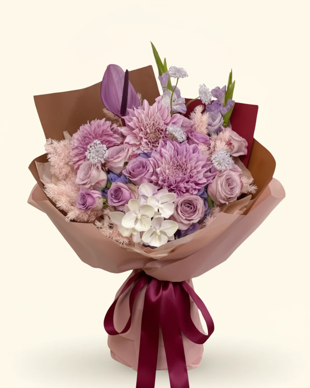 Violet Elegance Bouquet — Purple roses, Orchids, Double-petaled chrysanthemums, Purple anthurium