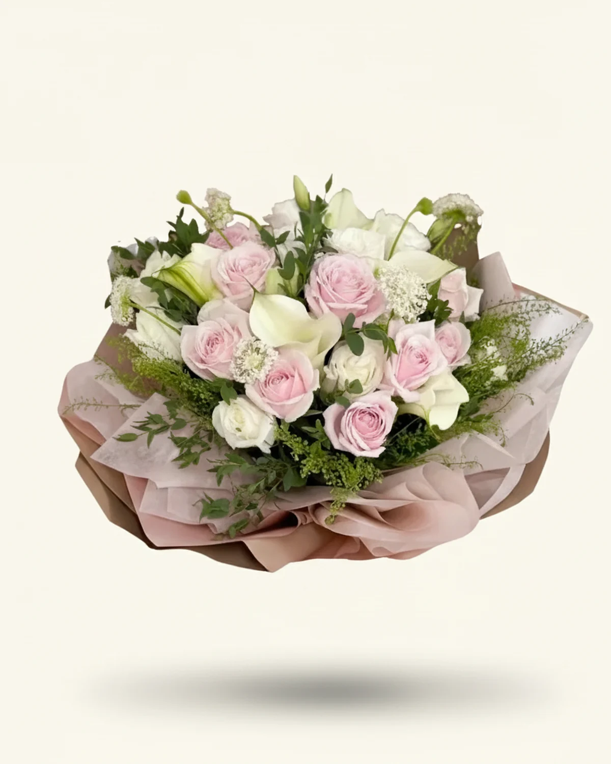 Blush & Bamboo Bouquet — Pink roses, Solidago (goldenrod), Alstroemeria, Green bamboo (bamboo foliage)