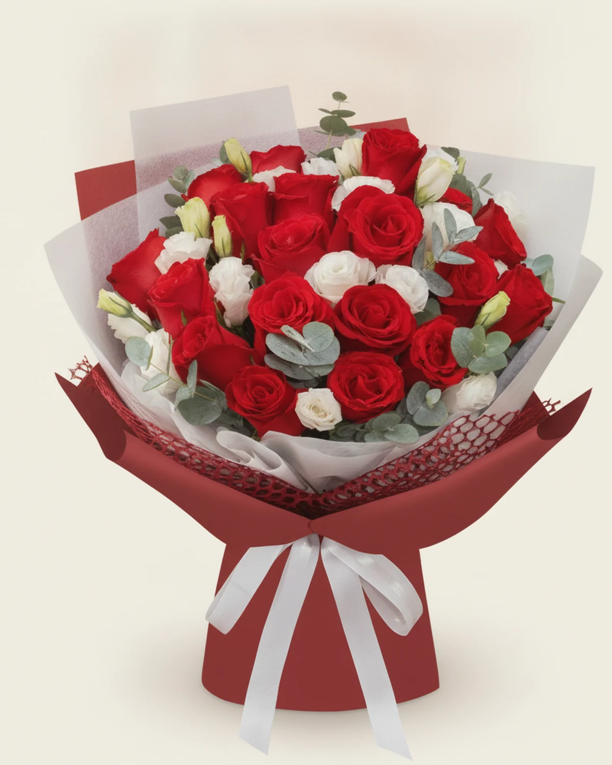 19-Stem Heartguard Roses — 19 red roses, 6 white eustoma stems, multi-head (3 heads or more per stem), Several eucalyptus branches
