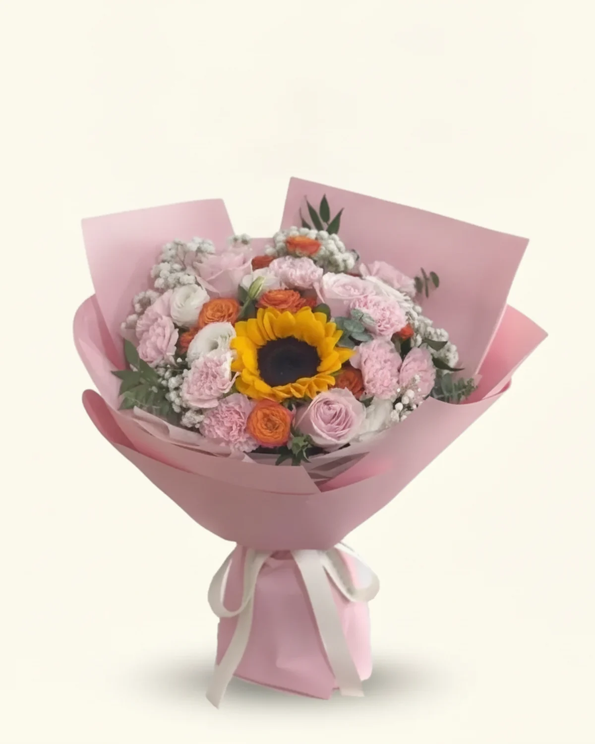 流年向陽花束 — 粉色玫瑰、康乃馨、多頭玫瑰、向日葵
