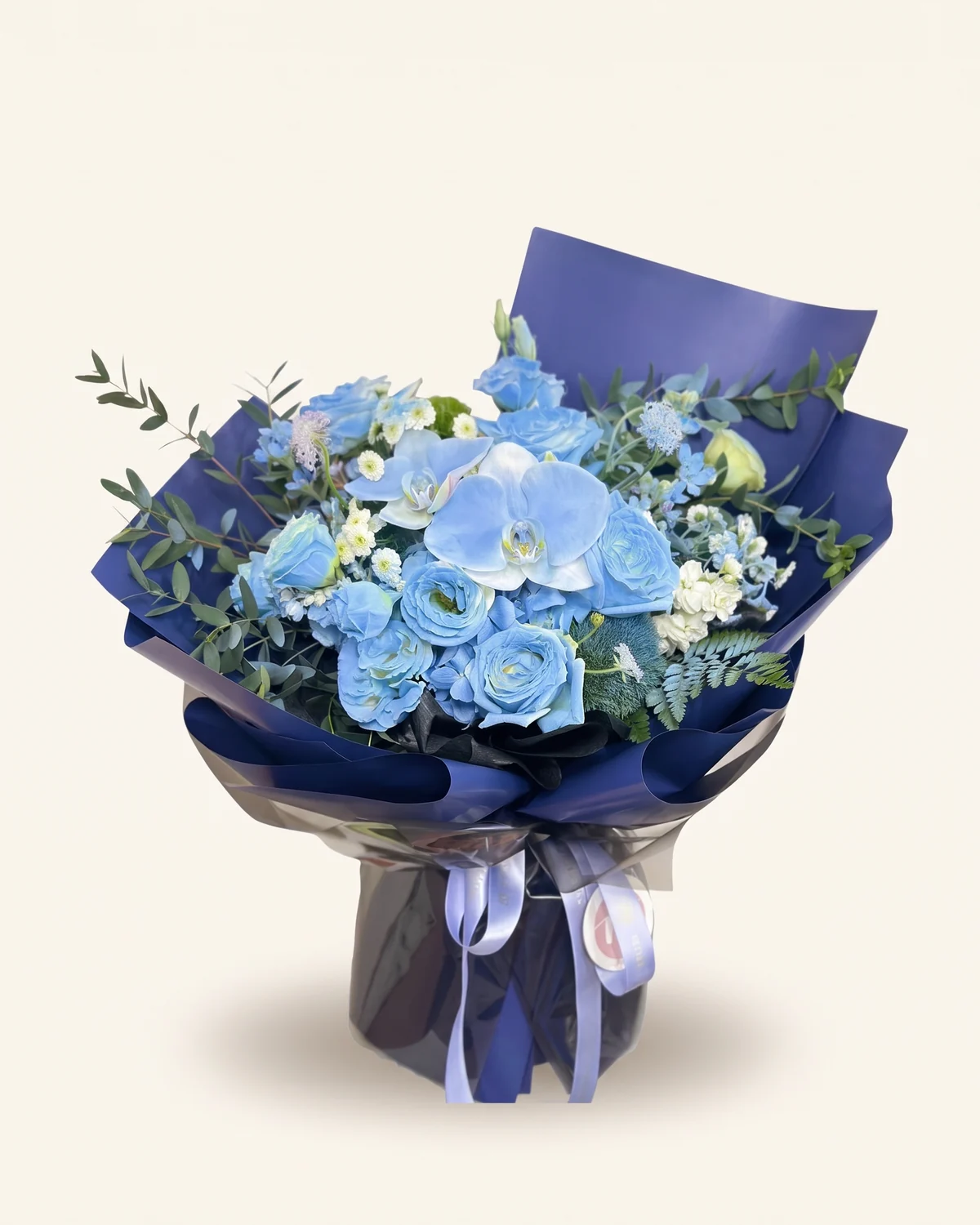 Blue Orchid Whisper Bouquet — Ice-blue roses, Orchids, Daisies