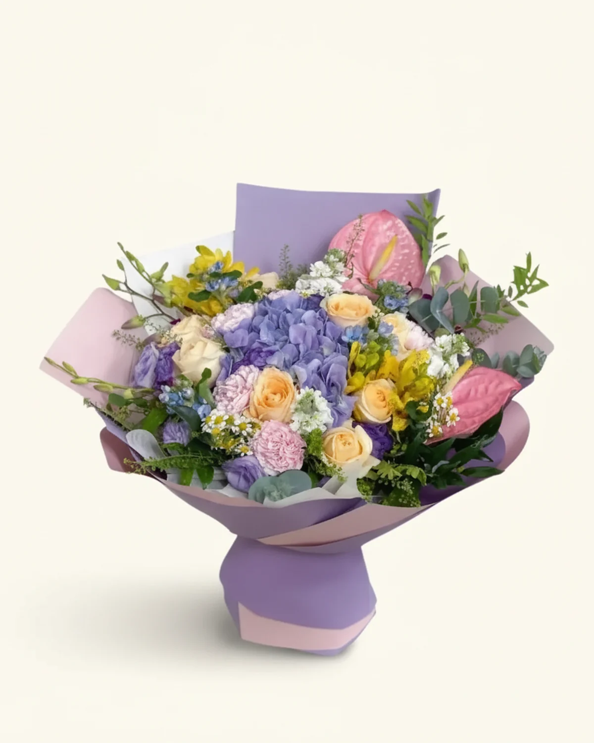 Twilight Grove Bouquet — Champagne roses, Carnations, Hydrangea, Purple roses, White anthurium