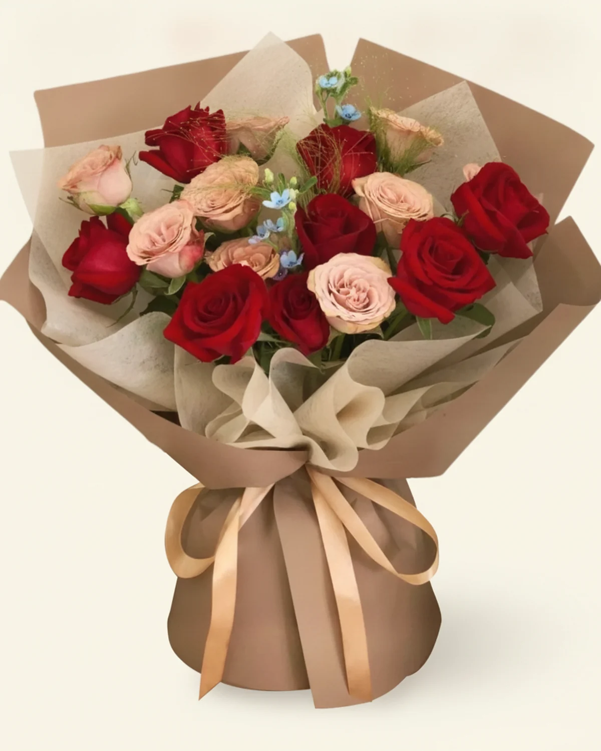 Red and Blush Rose Bouquet — Red and blush roses, Blue star flowers, Foliage