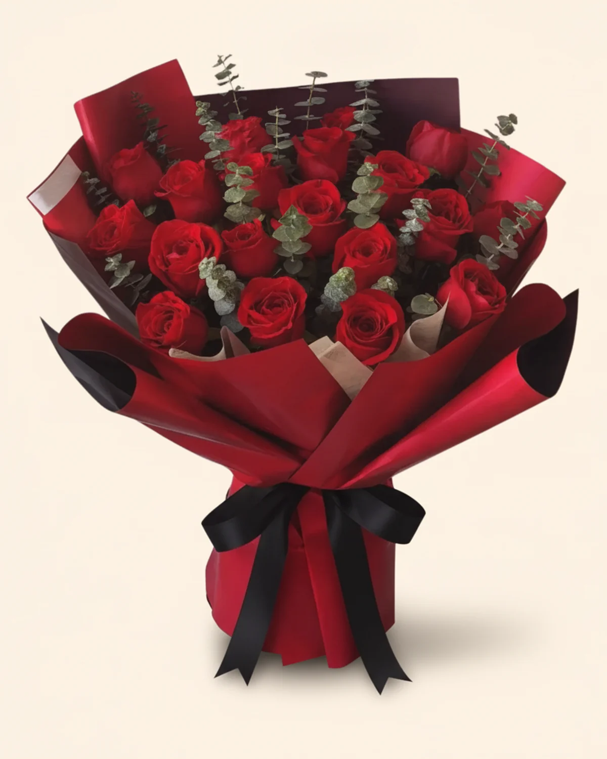 Crimson Rose & Eucalyptus Bouquet — Red roses, 16 stems, Eucalyptus foliage