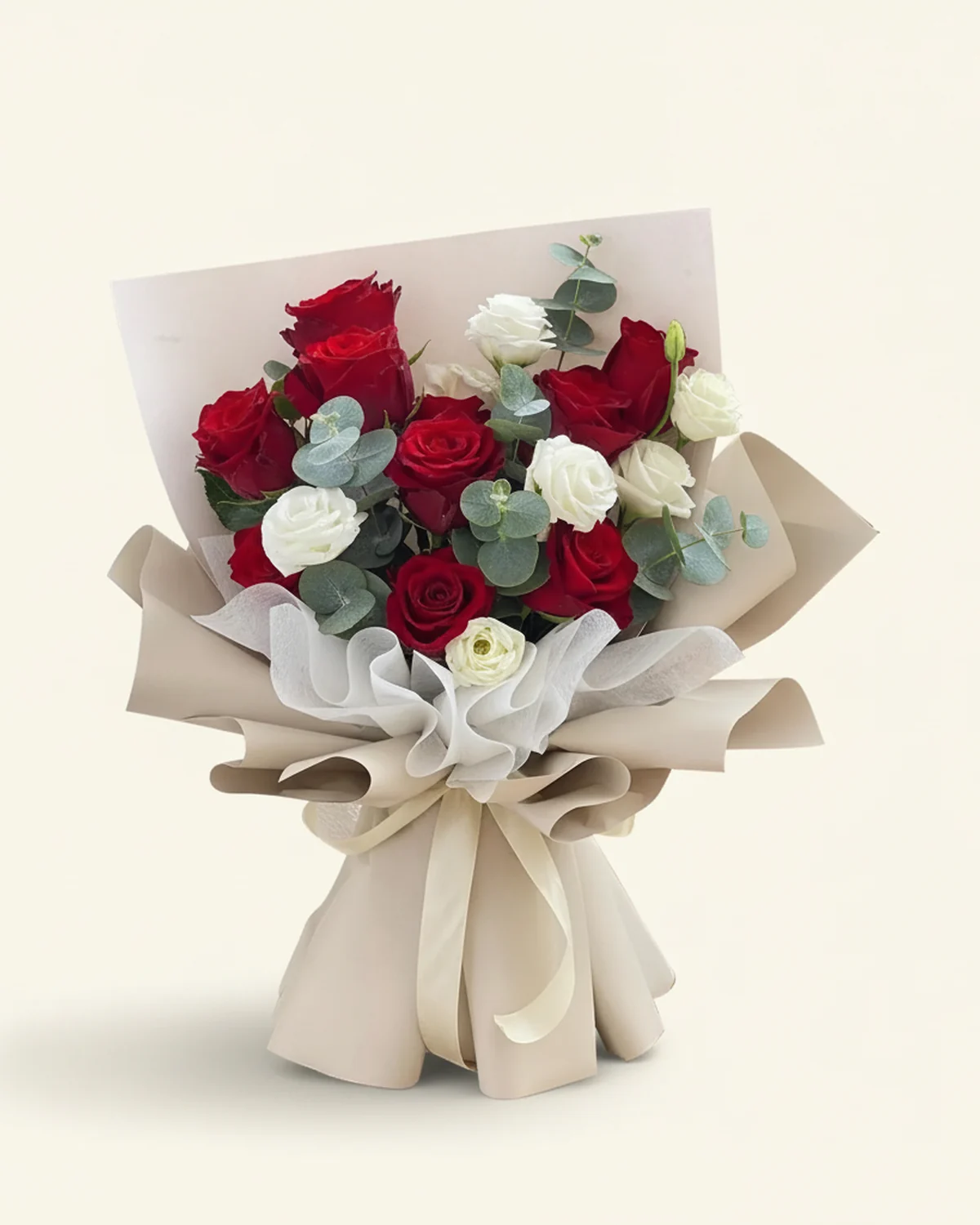 Vow Bouquet — 9 Red Roses, 8 White Eustomas, 6 Eucalyptus — 9 red roses, 8 white eustomas (lisianthus), 6 eucalyptus stems
