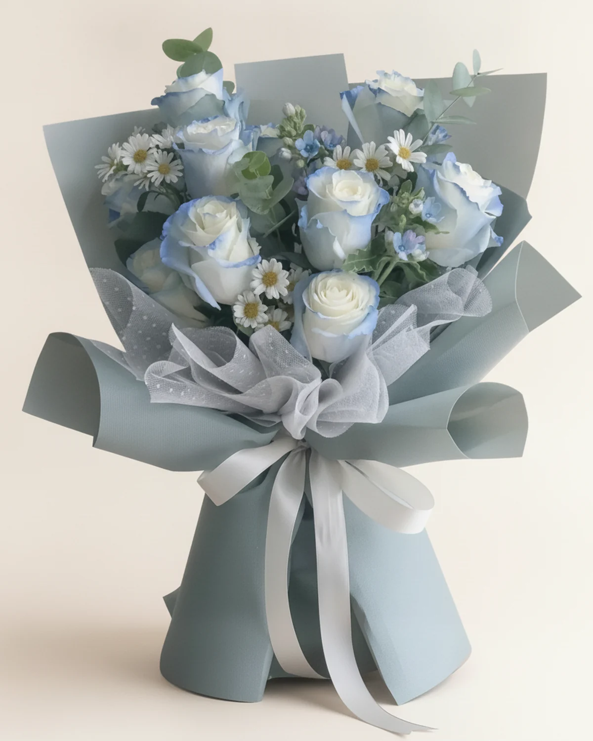 Ice-Blue Rose & Chrysanthemum Bouquet — Ice-blue roses, 9 stems, Small chrysanthemums, Blue star flowers, Eucalyptus