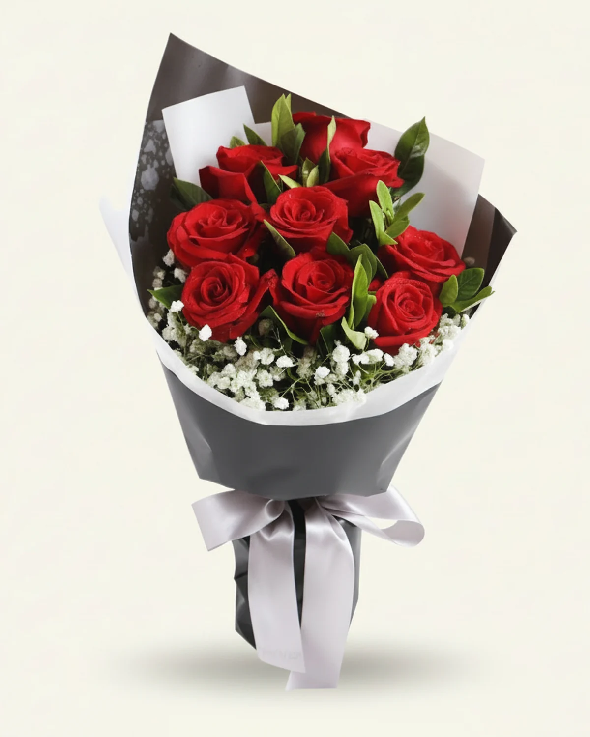Scarlet Prelude — Red roses, Assorted greenery, Baby's breath (Gypsophila)