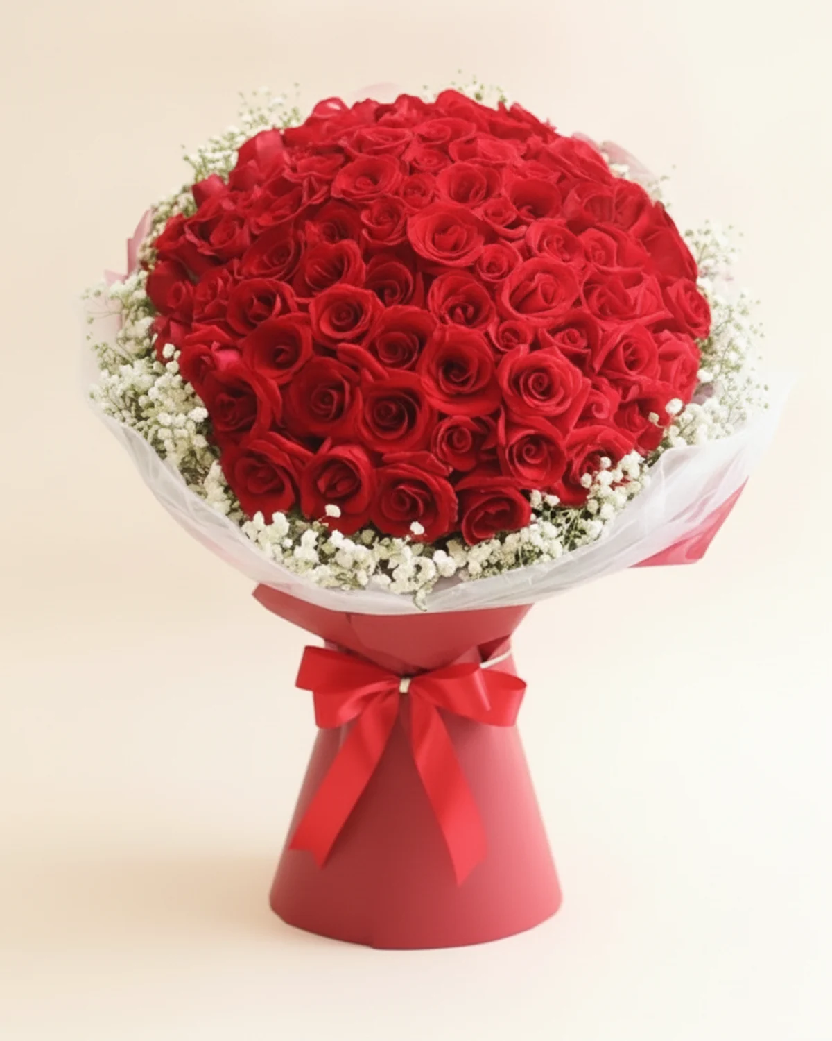 Ninety-Nine Kisses — Red roses, Baby's breath (Gypsophila)