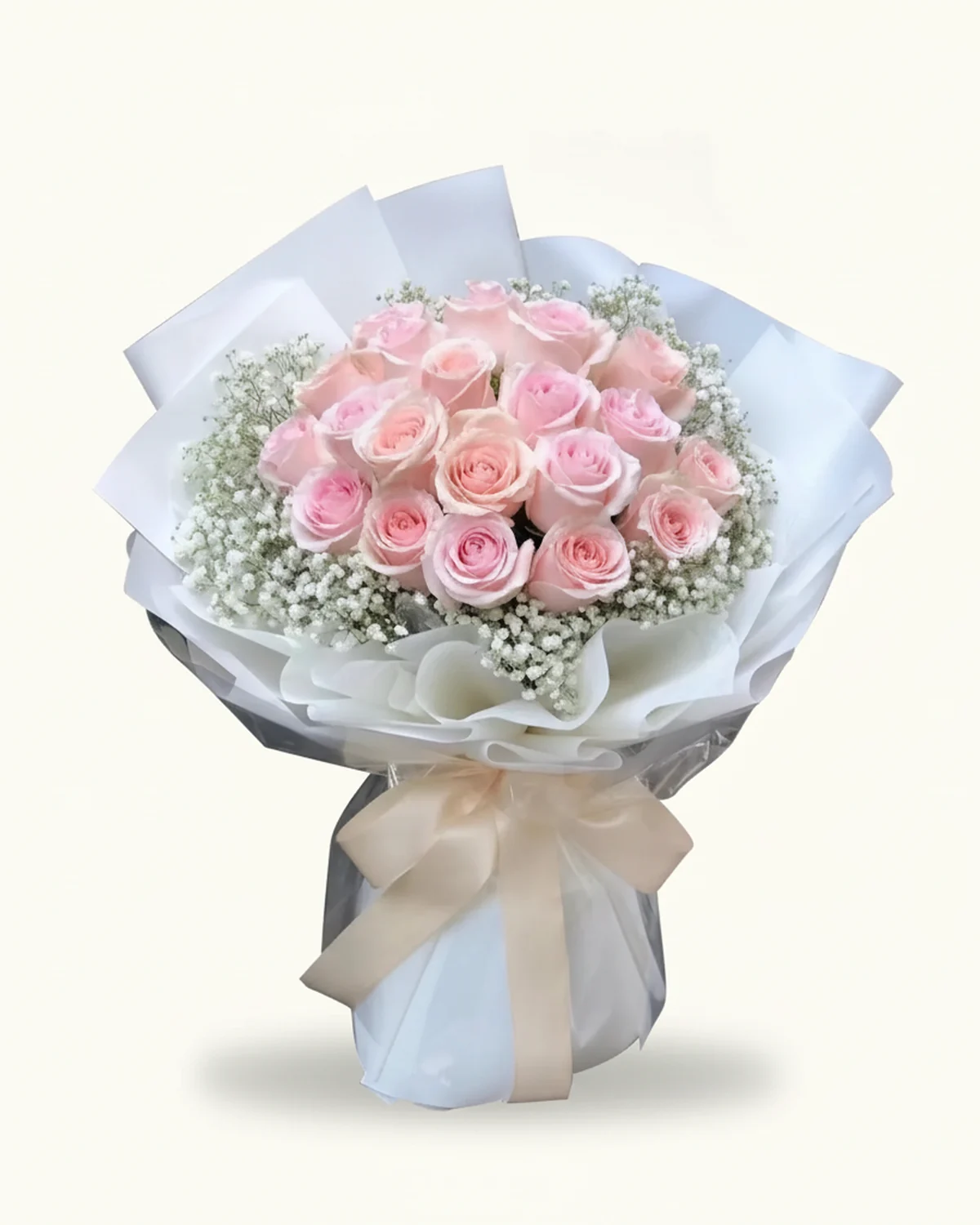 Blushing Devotion — Baby's breath (Gypsophila), Pink roses — 19 stems
