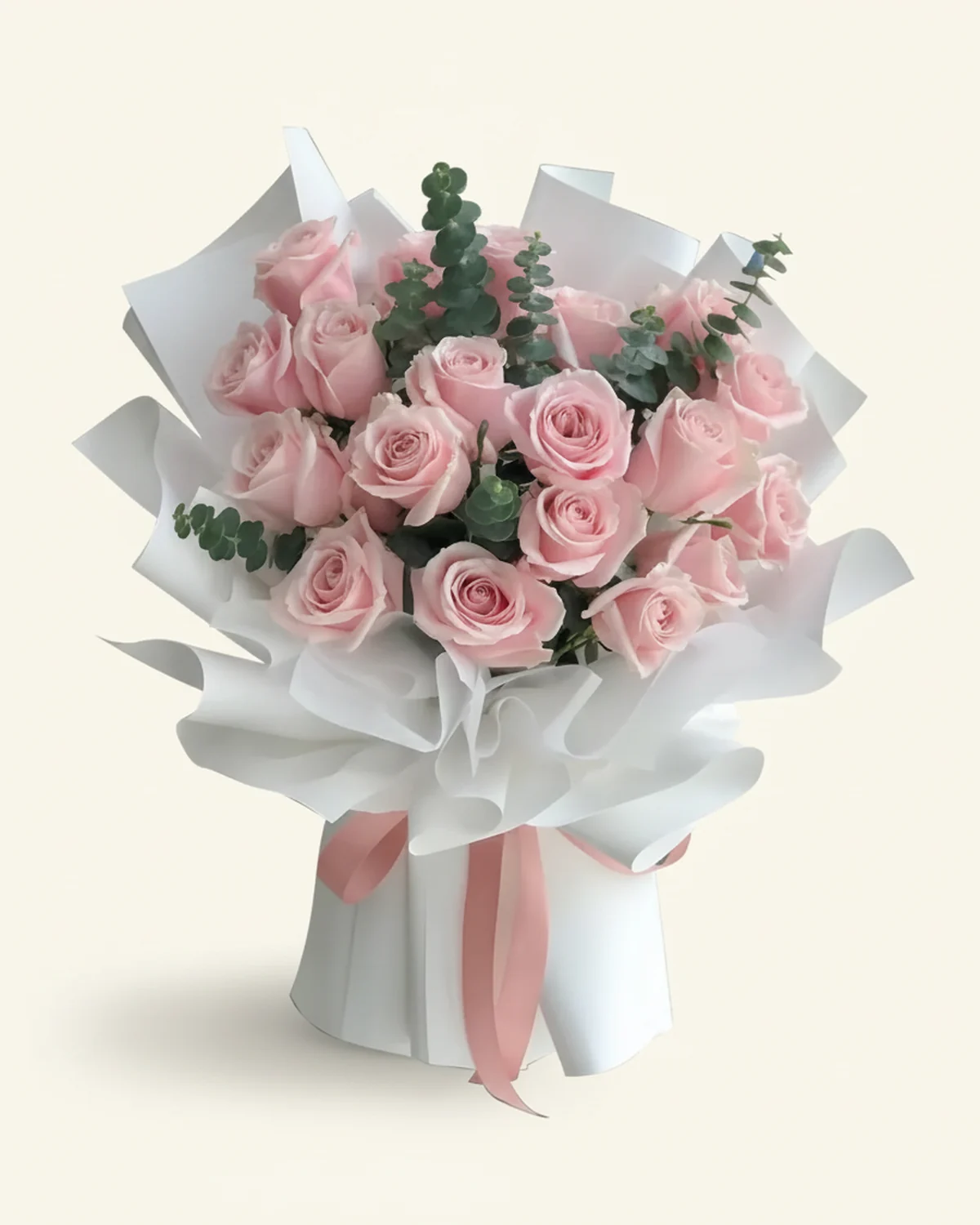 Soft Pink Rose Bouquet — Pink roses, 19 stems, Eucalyptus foliage