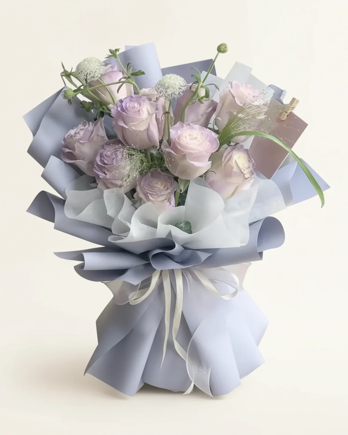 Nine Lavender Rose Bouquet — Lavender roses, 9 stems, White accent flowers, Green foliage