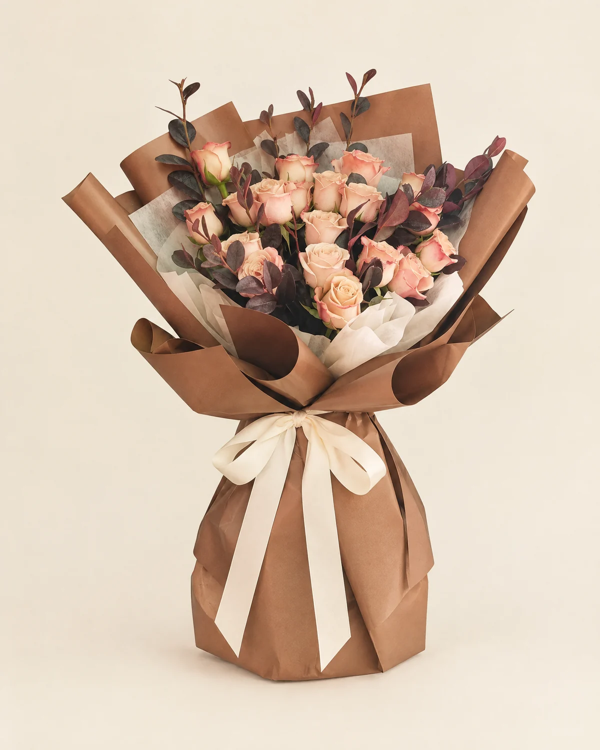 Vintage Cappuccino Rose Bouquet — Cappuccino roses, 19 stems, Deep burgundy foliage
