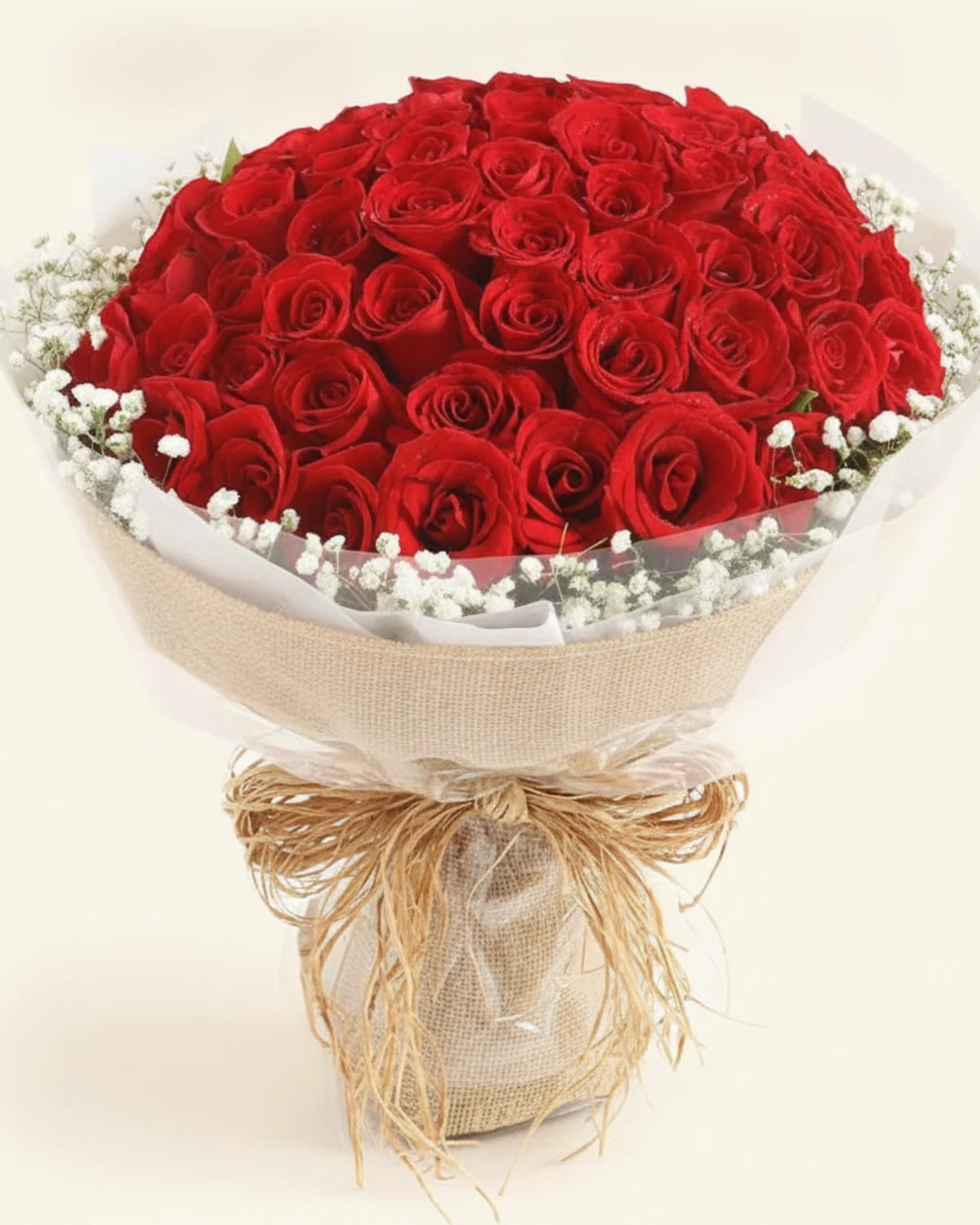 99 Red Passion Roses — Red roses, 99 stems, Gypsophila (baby's breath)