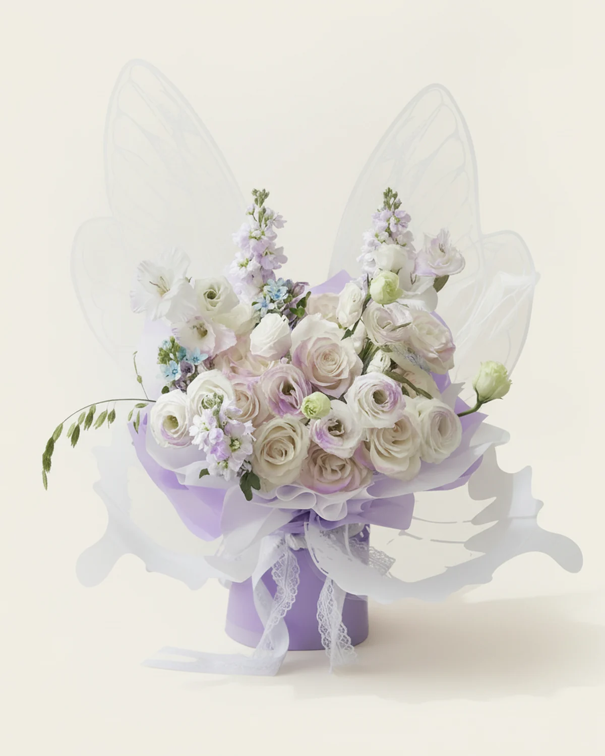 Lavender Butterfly Waltz — Pride white roses, 9 stems (edges sprayed light purple), Purple stock flowers, 3 stems, White eustoma (multi-head), 6 stems (multi-head, 3+ heads; edges sprayed light purple), Blue starflower, 2 stems, Gypsophila variant (small), 2 stems, White gladiolus, 2 stems (sprayed light purple)
