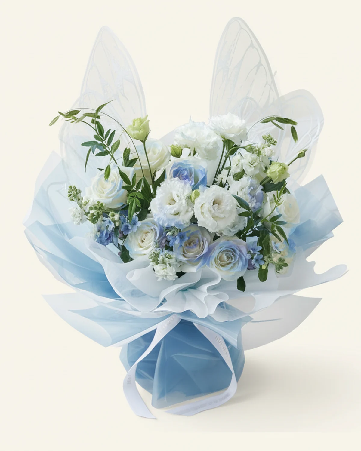 Starlit Azure Butterfly — Pride white roses, 9 stems (flowers sprayed light blue), White stock flowers, 3 stems, Rolled-edge white eustoma (multi-head), 6 stems (edges sprayed light blue), Blue starflower, 4 stems, Gypsophila variant (small), 2 stems, Navarretia foliage (nine-star leaf), 5 stems