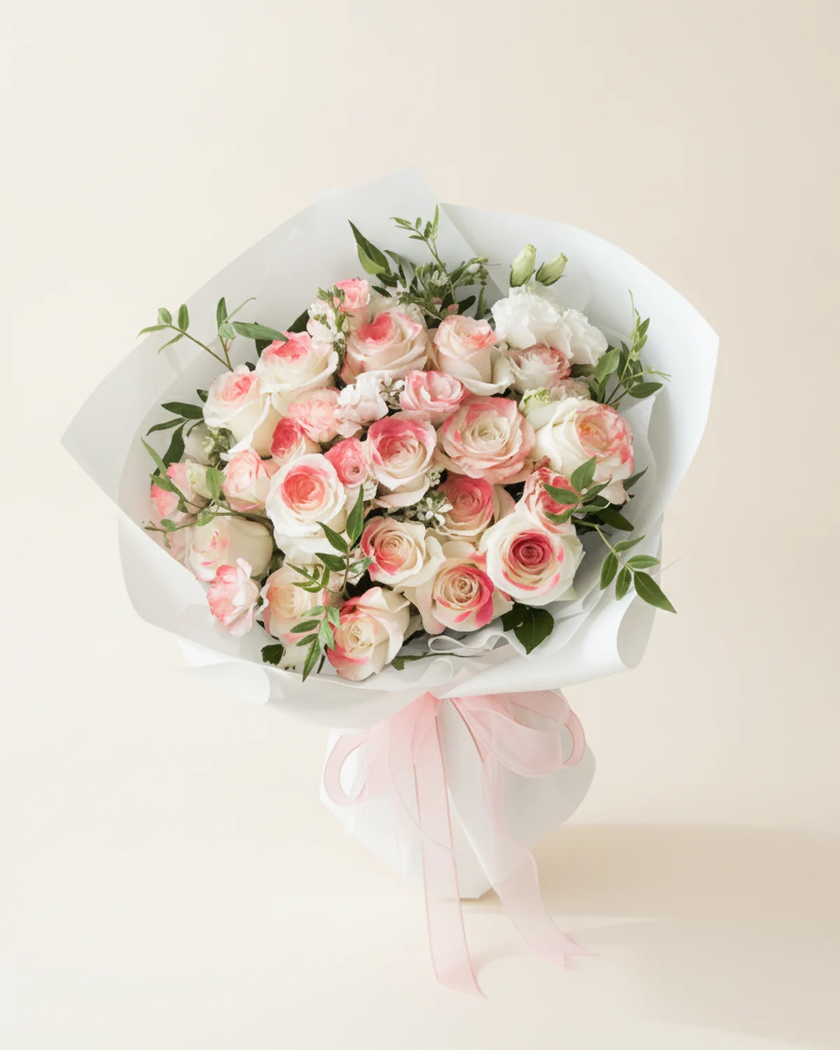 Berry Mojito Eustoma & Roses — Pride white roses, 16 stems (central spray-colouring), White starflower, 5 blooms, Navarretia foliage (nine-star leaf), 7 stems, White eustoma (multi-head), 5 stems (light spray-colouring)