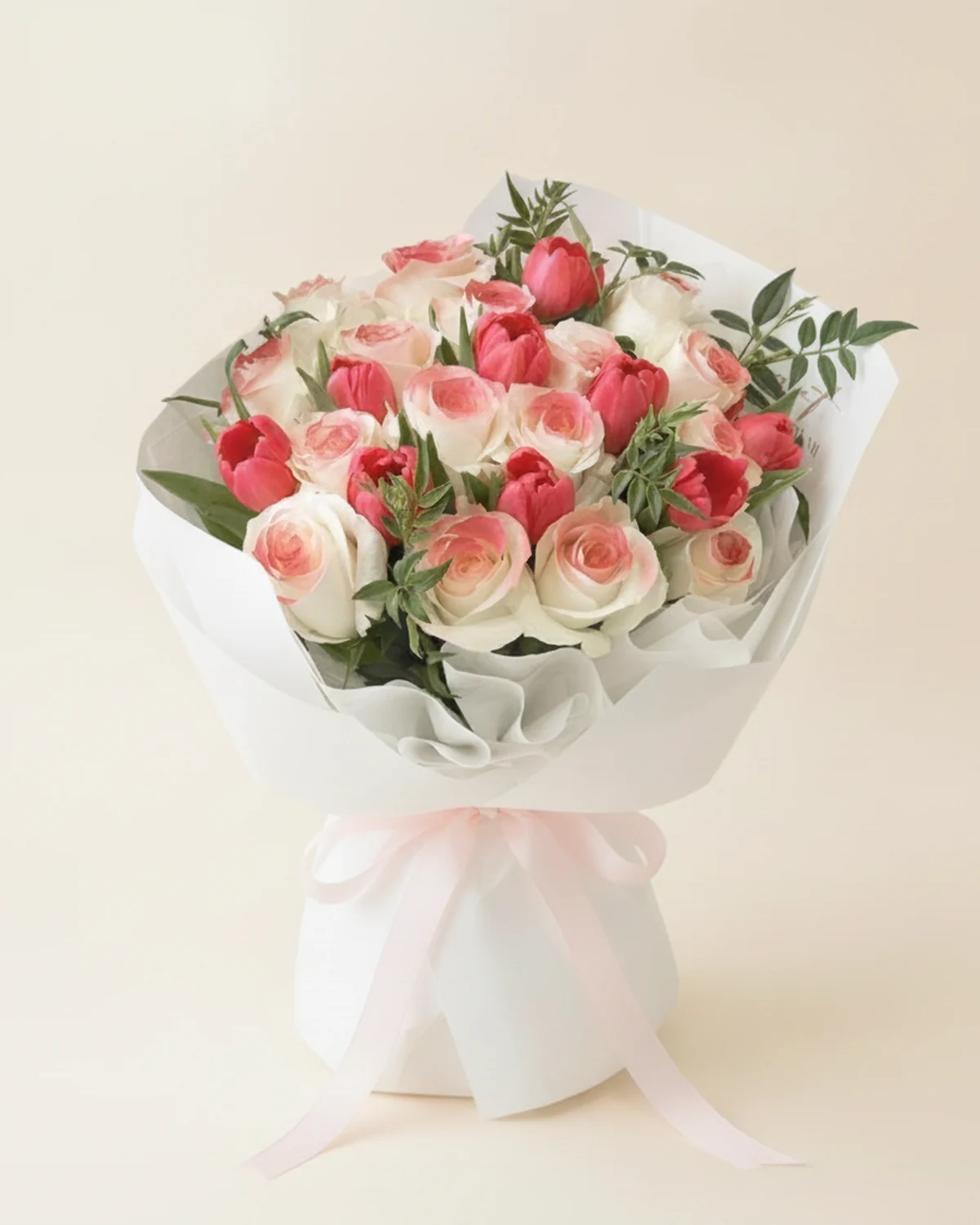 Peach Kisses Bouquet — White 'Pride' roses — 16 stems (central spray-colour treatment), Peach-pink tulips — 9 stems, Nine-star foliage, several stems