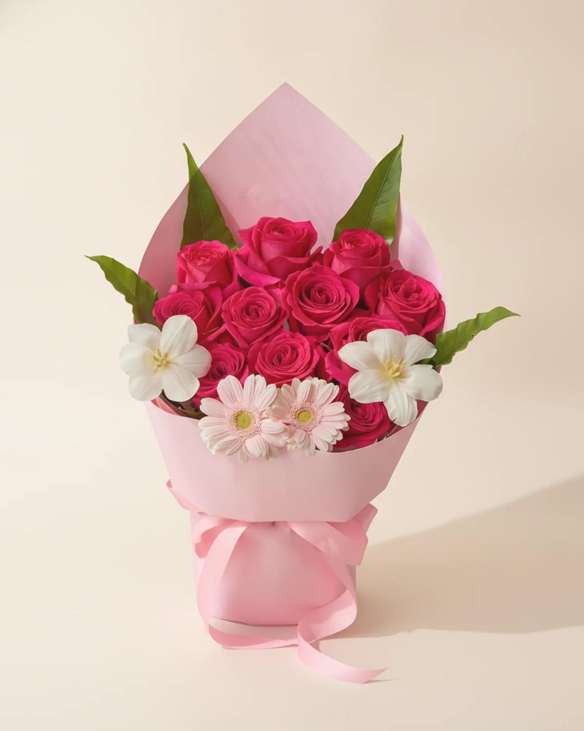 Warmheart Rouge — Red roses — 11 stems, White tulips — 2 stems, Pink gerbera daisies, 2 stems