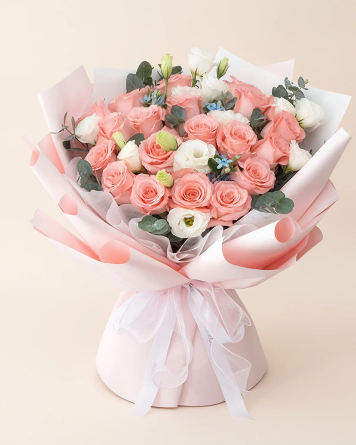 19-Stem Maiden Pink — Diana pink roses — 19 stems, White lisianthus (multi-headed) — 5 stems (3+ heads per stem), Blue star flower — 3 stems, Eucalyptus — several stems
