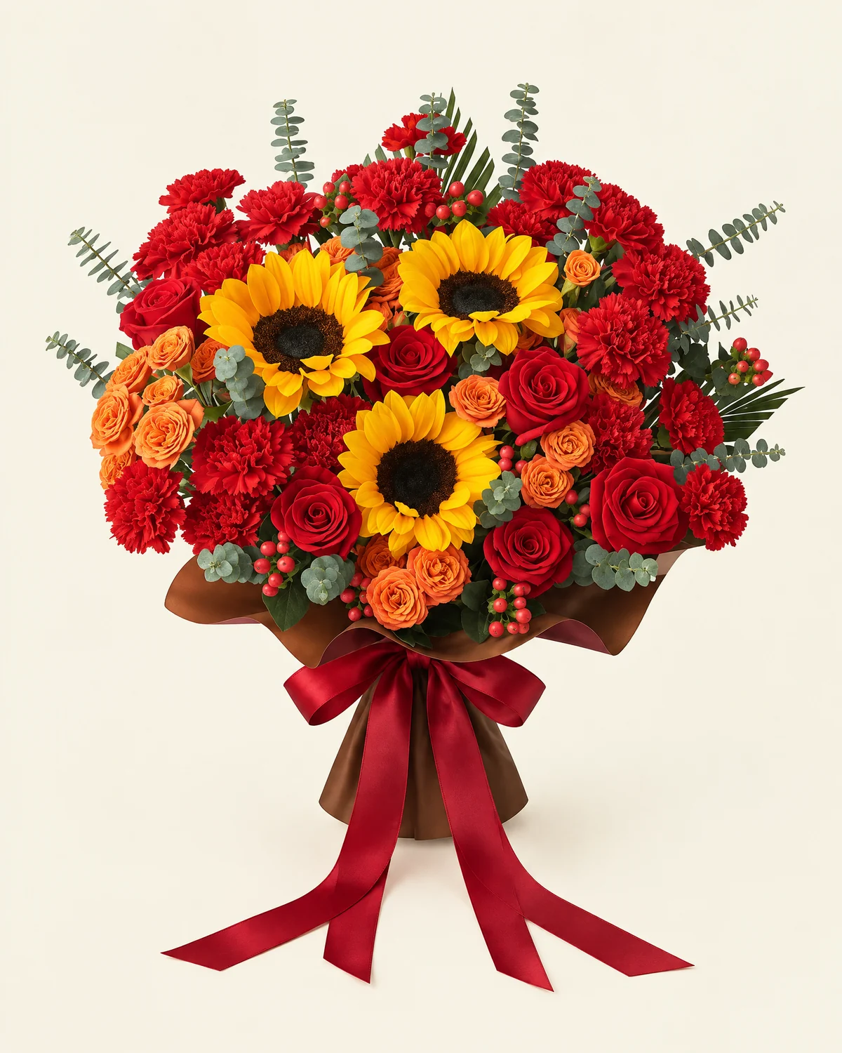 暖陽紅橙鮮花抱抱桶 — 紅玫瑰6枝、向日葵3枝、橙色多頭玫瑰4枝、紅色金絲桃果7枝、紅色康乃馨22枝、尤加利葉15枝、散尾葵4枝、19.5厘米鮮花抱抱桶1個