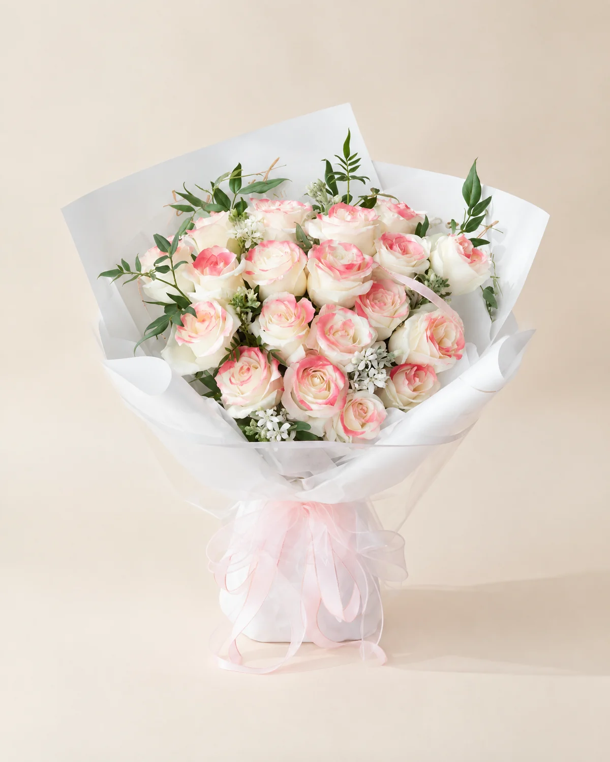 Strawberry Mojito Bouquet — 19 Pride white roses (center color-sprayed), 6 white starflowers, Nine-star foliage, 5 stems