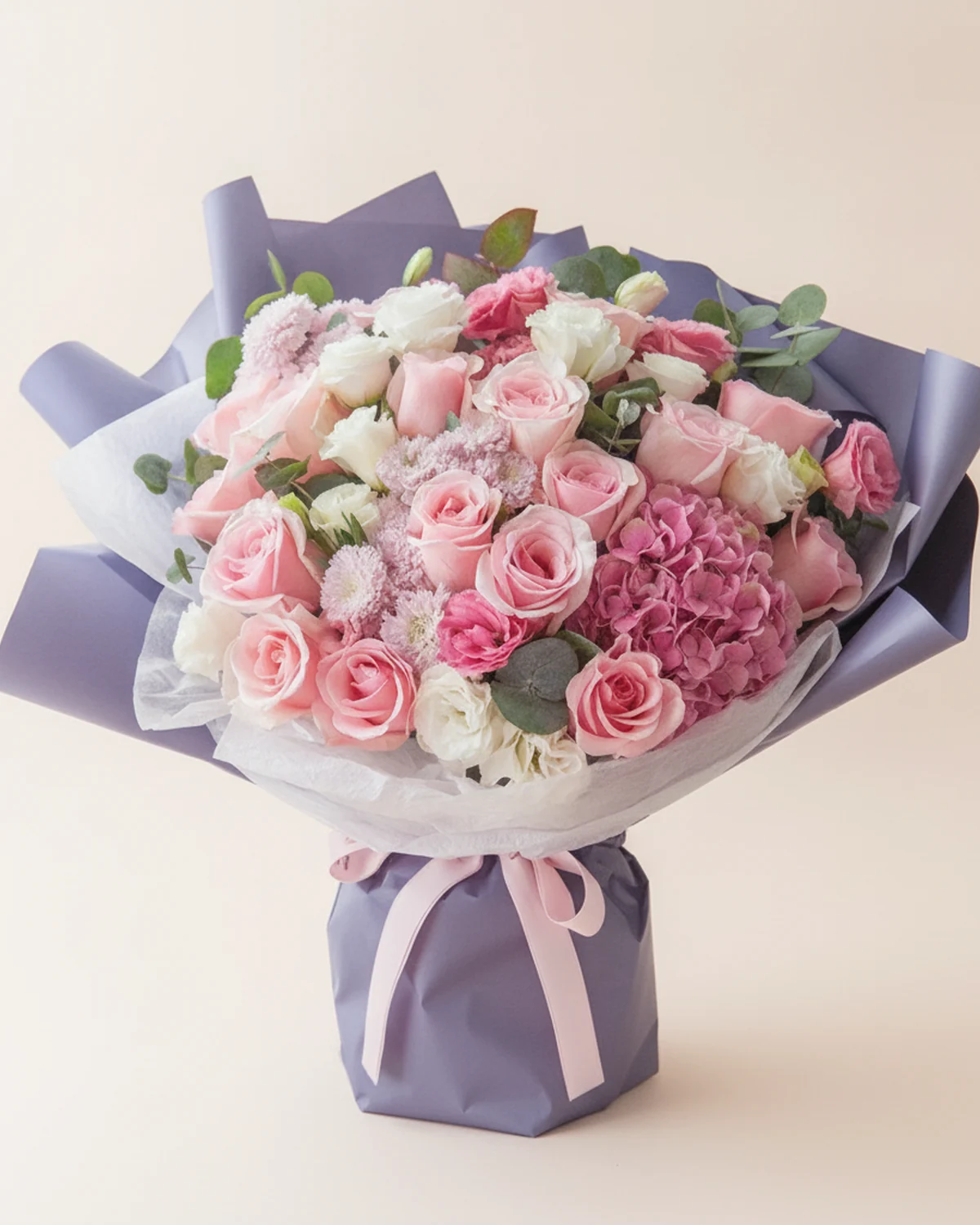 Dear You — Soft Pink Bouquet — 16 'Pink Beauty' pink roses, 5 stems white lisianthus (3+ heads each), 5 stems pink lisianthus (3+ heads each), 10 eucalyptus stems, 3 light-purple spray chrysanthemums (5–8 heads each), Light-pink hydrangea with deep-pink tones, 1 stem